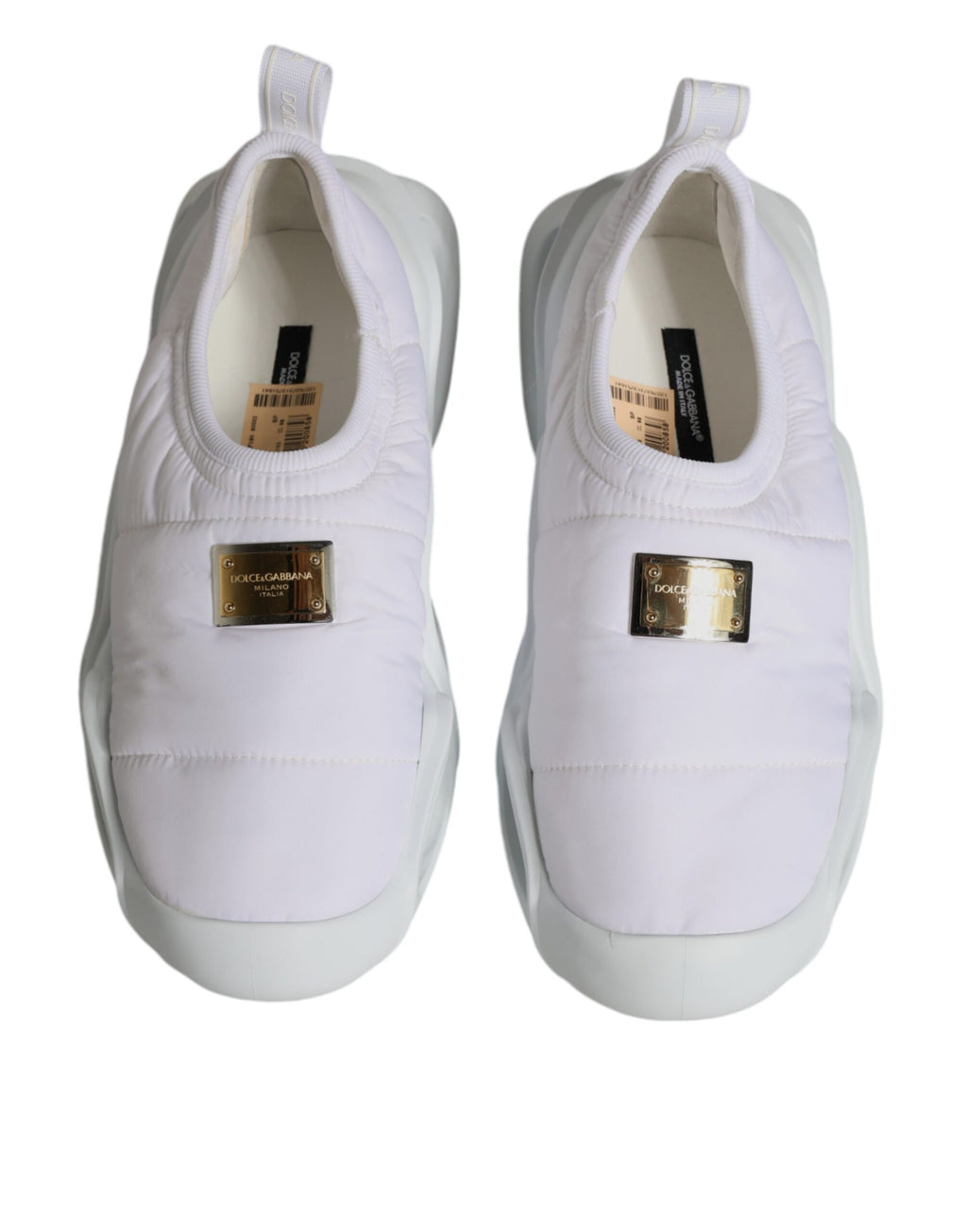Chaussures sneakers basses blanches Dolce & Gabbana en tissu rembourré, vue de face.