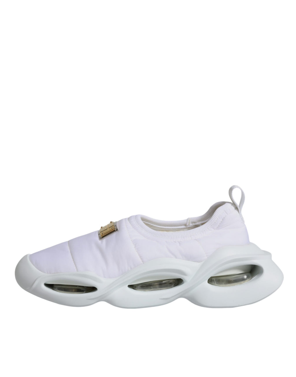 Chaussures basses blanches Dolce & Gabbana en tissu rembourré, sneakers tendance avec semelle plate et design élégant.