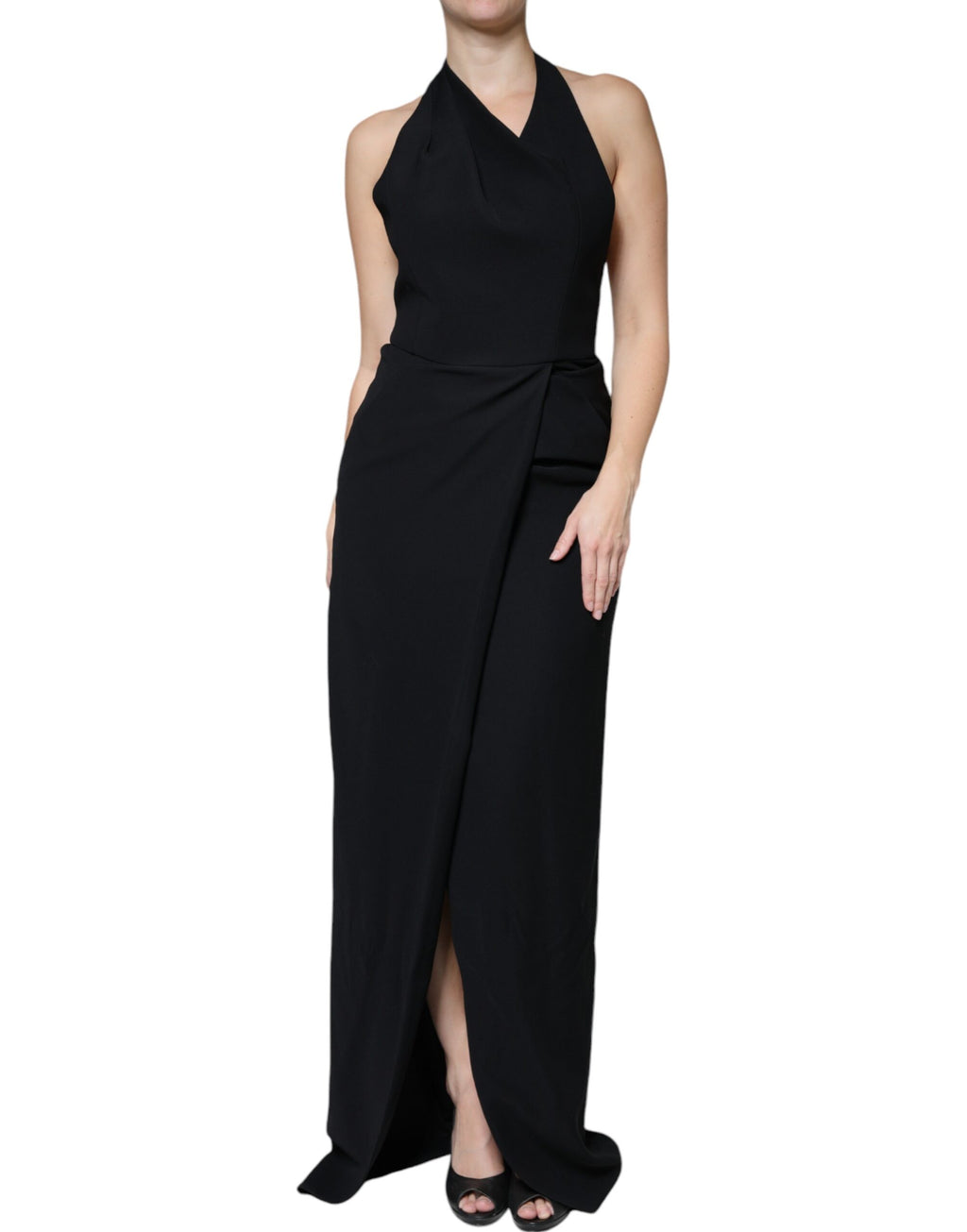 Robe longue sans manches de soirée Emporio Armani noire, coupe sirène, en tissu élégant, élégante et sophistiquée.
