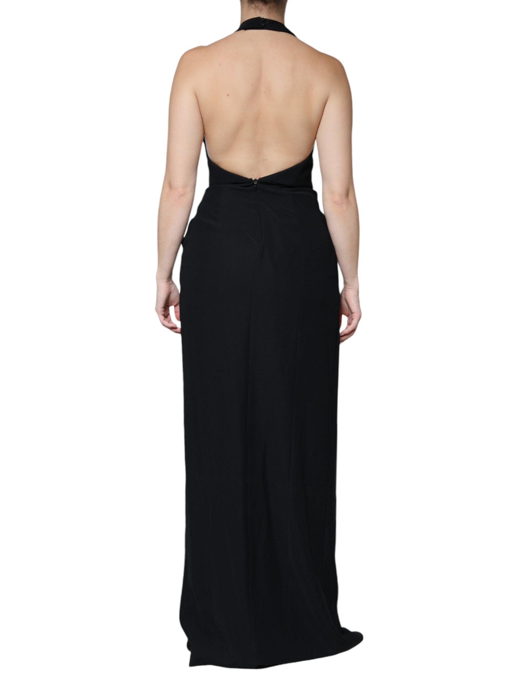 Robe longue noire sans manches Emporio Armani, robe de soirée en coupe ajustée avec encolure halter élégante.