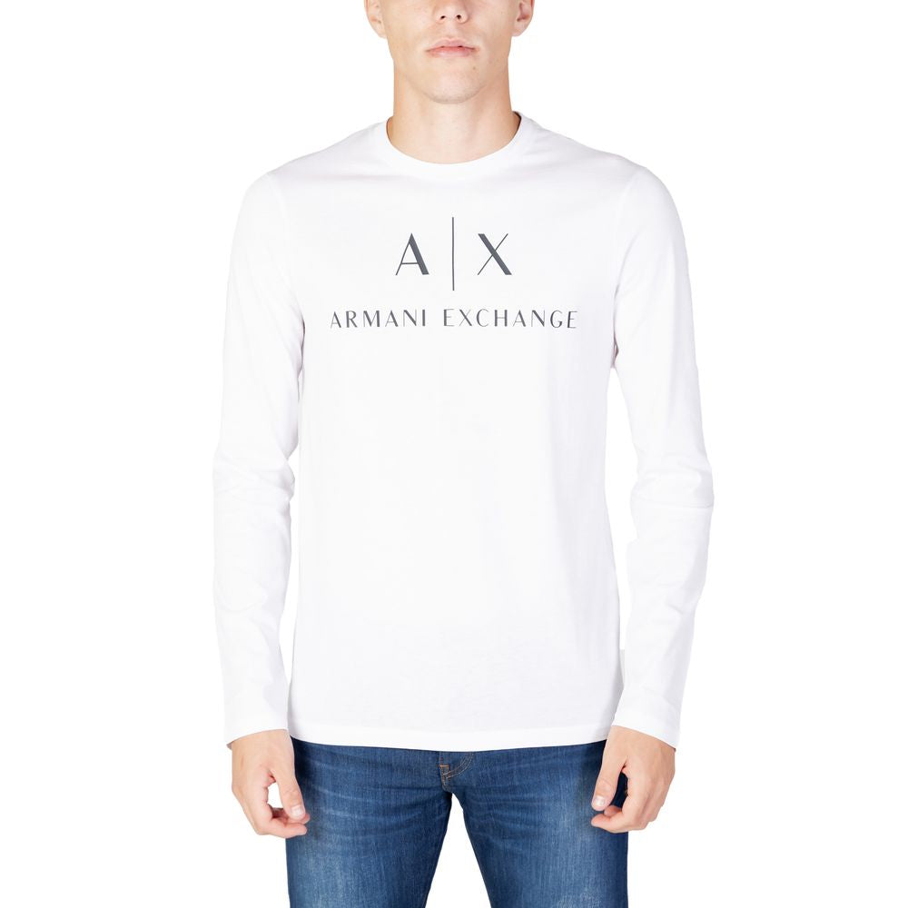 T-shirt blanc à manches longues en coton Armani Exchange, vue de face, avec col rond et logo discret sur la poitrine.