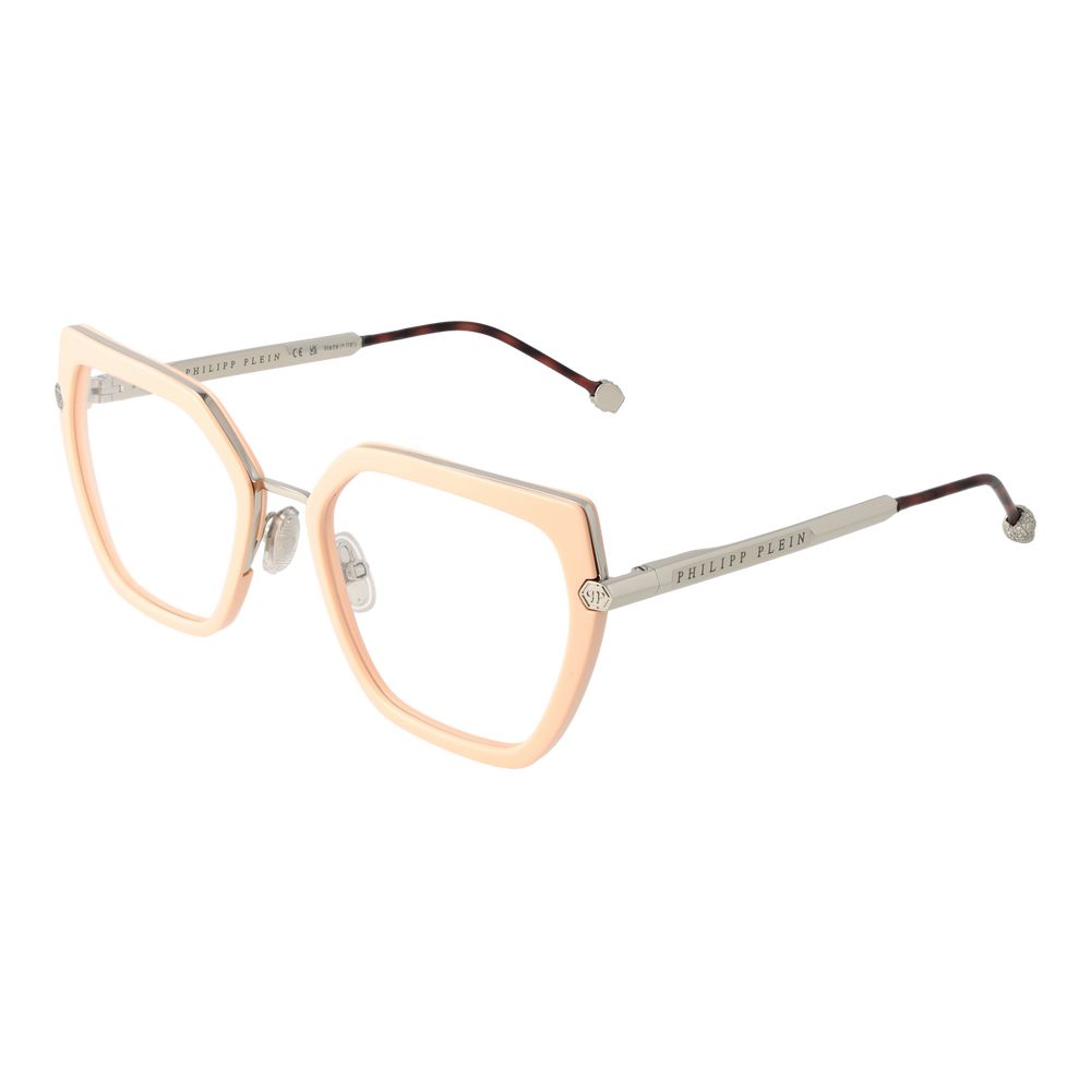 Lunettes de vue Philipp Plein en métal et plastique rose avec monture élégante et moderne, visibles en gros plan.