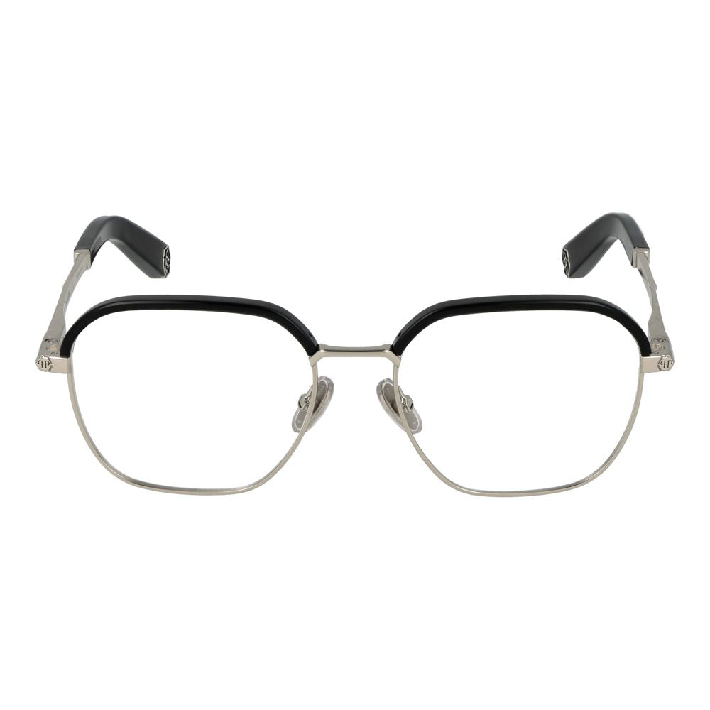Lunettes en métal noir Philipp Plein avec monture élégante et design moderne, vues de face.