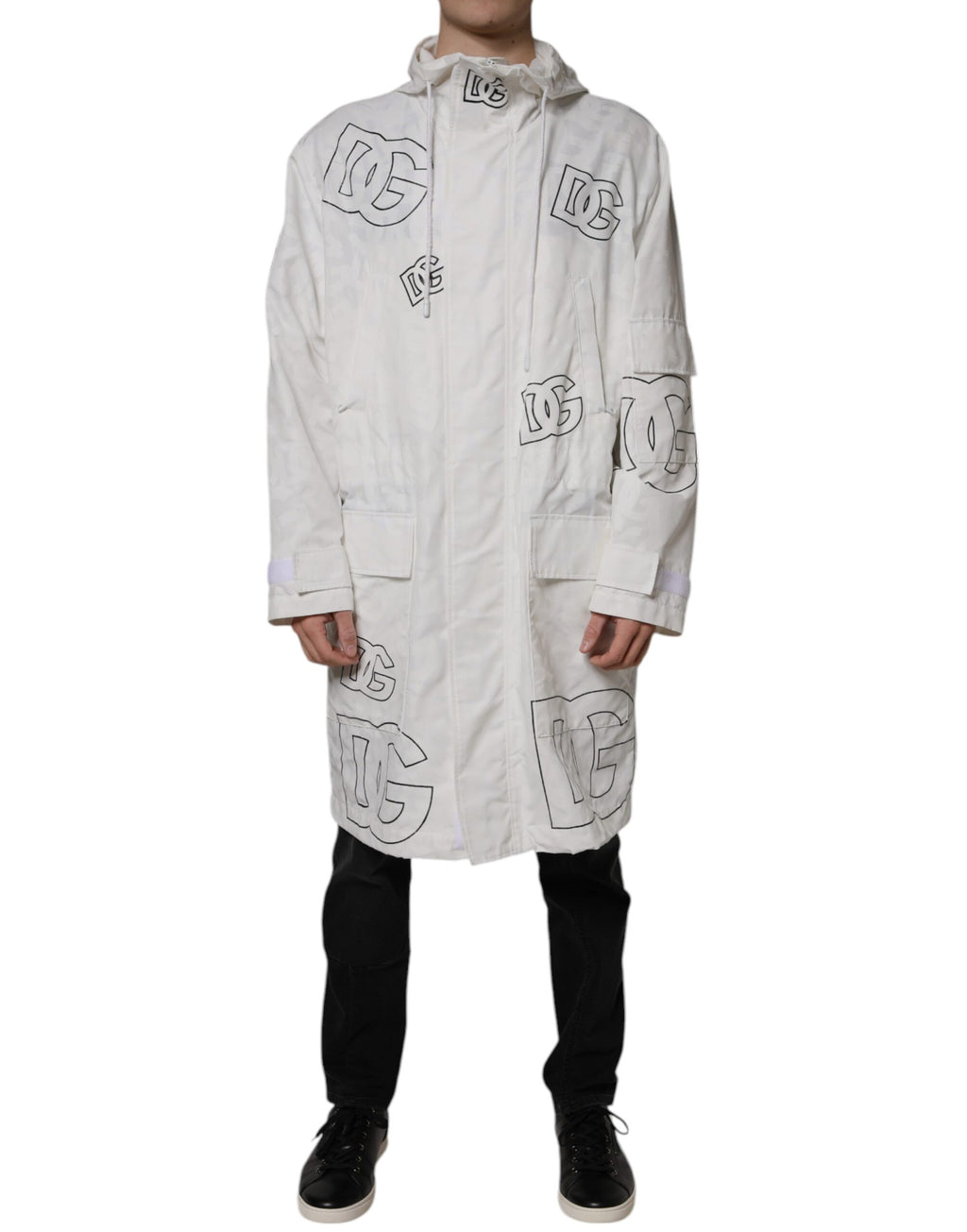 Parkas blanche Dolce & Gabbana en polyester avec capuche et coupe trench, veste élégante pour un style sophistiqué.