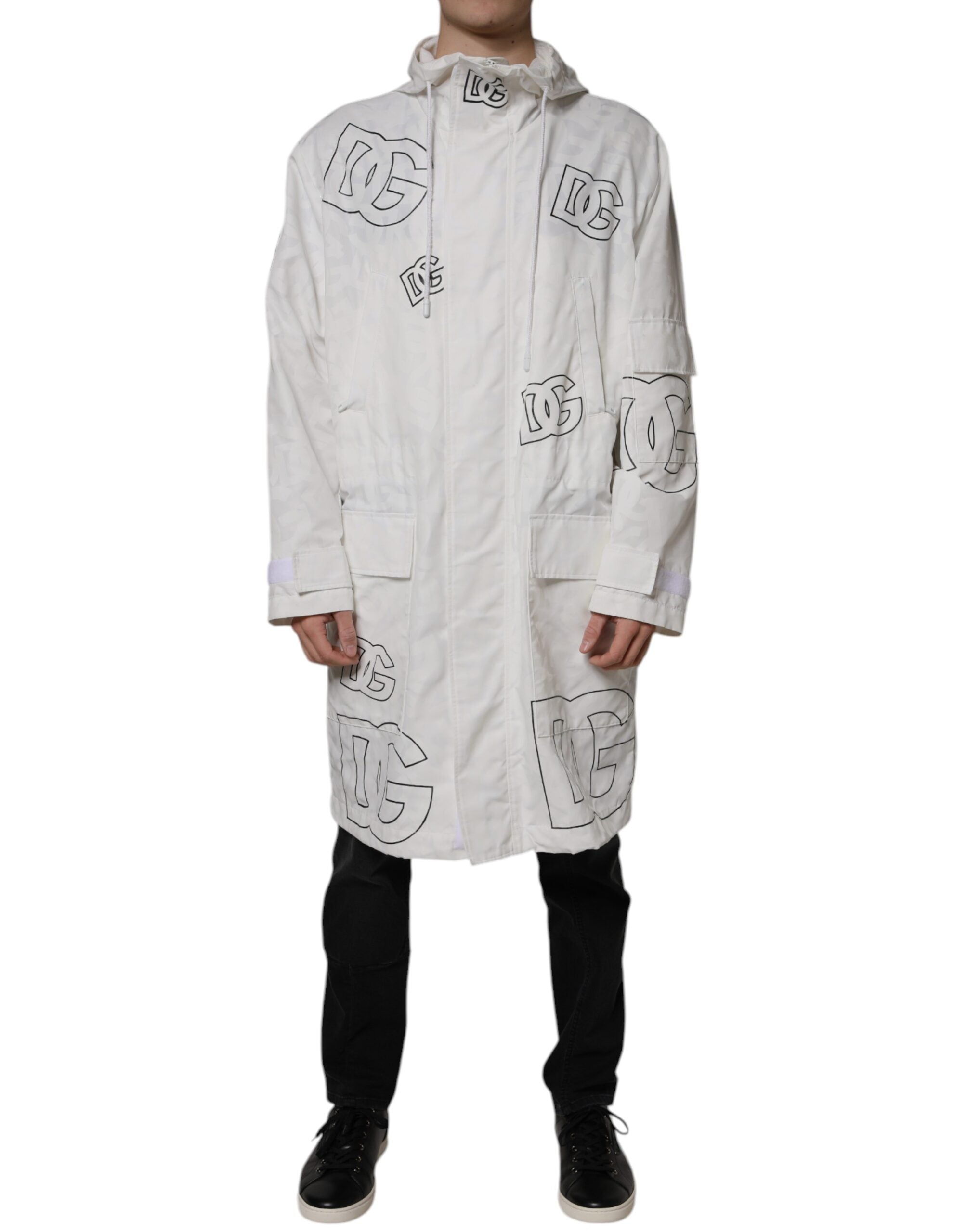 Parkas blanche Dolce & Gabbana en polyester avec capuche et coupe trench, veste élégante pour un style sophistiqué.