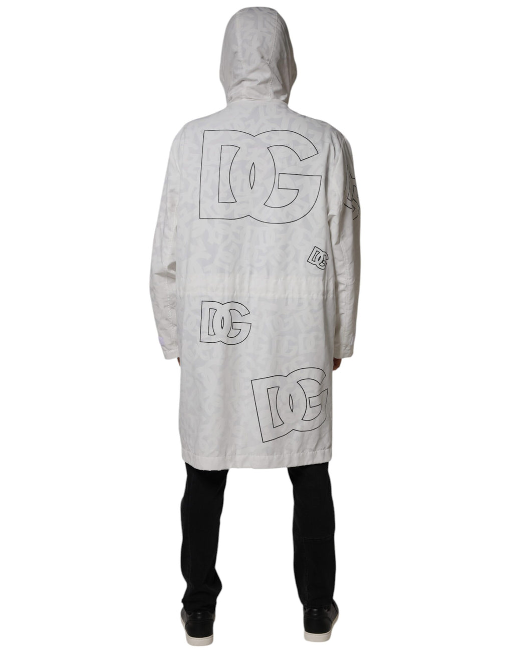 Veste trench blanche Dolce & Gabbana avec capuche en polyester, coupe élégante et détails modernes.