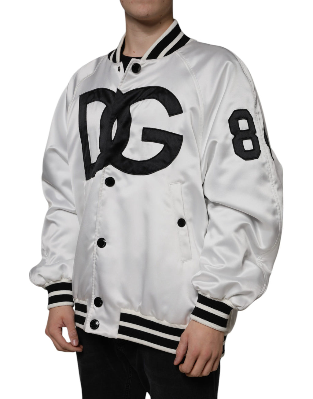 Veste bomber blanche en polyester Dolce & Gabbana avec logo, fermeture éclair complète, style élégant et décontracté.