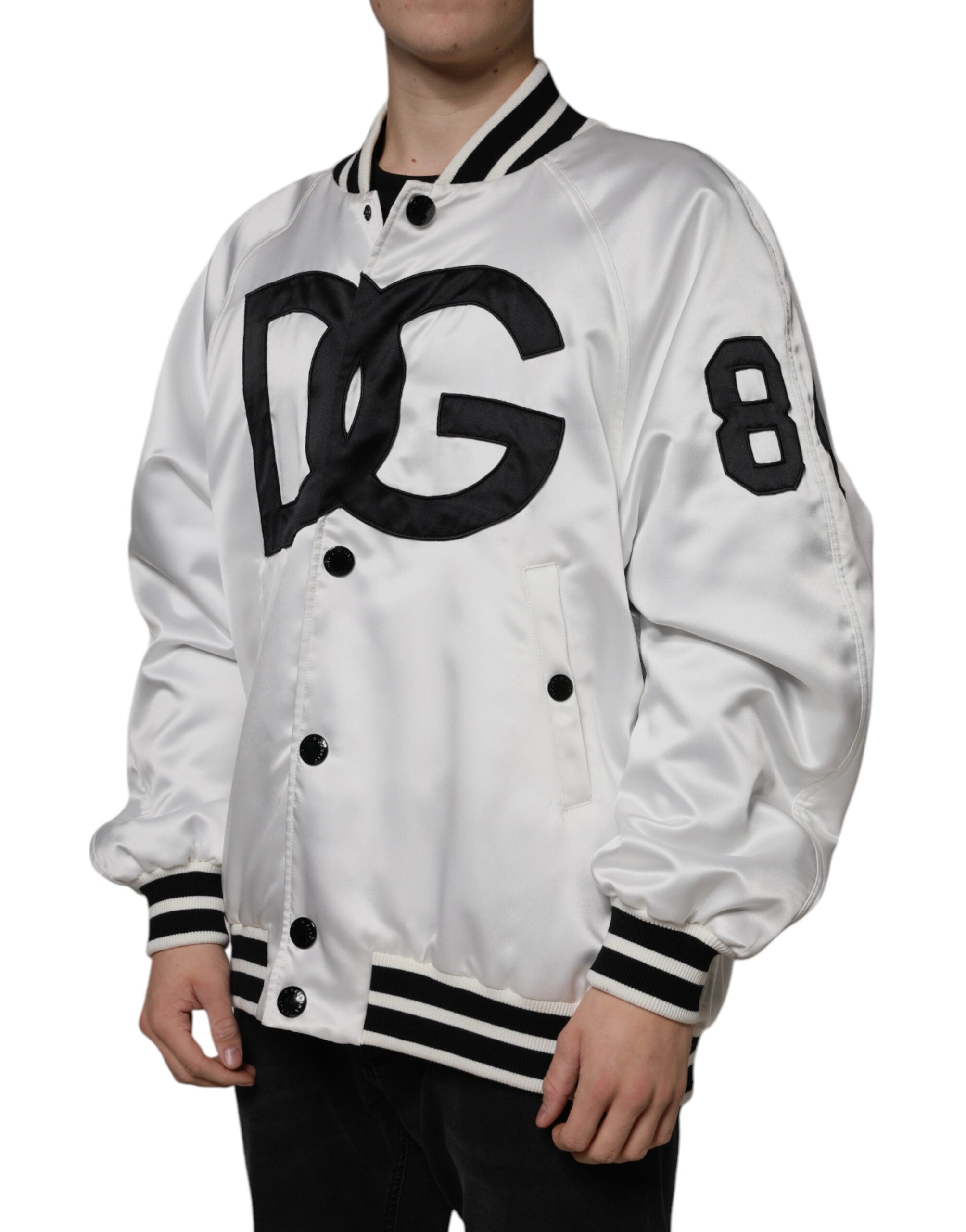 Veste bomber blanche en polyester Dolce & Gabbana avec logo, fermeture éclair complète, style élégant et décontracté.