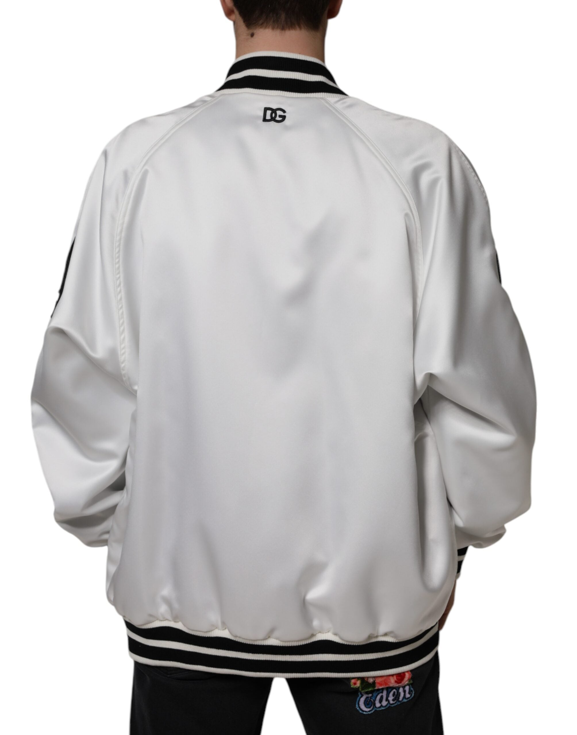 Veste bomber blanche en polyester Dolce & Gabbana avec logo, fermeture éclair complète et style élégant.