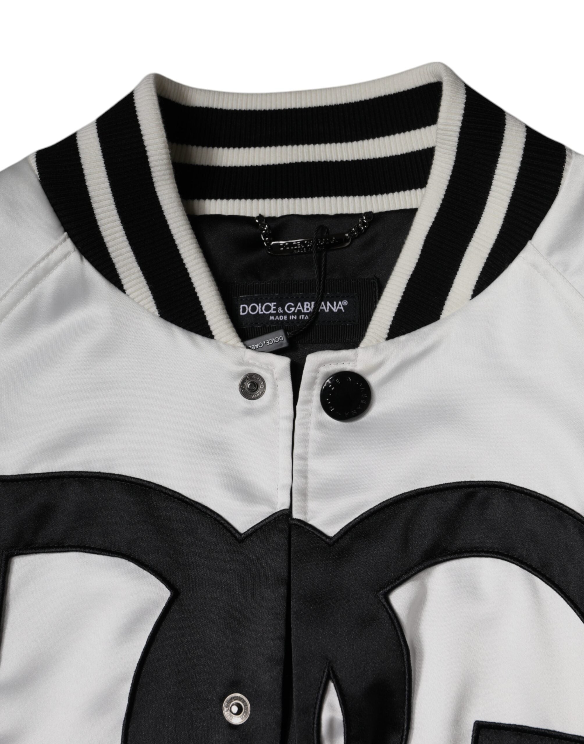 Veste bomber blanche en polyester avec logo Dolce & Gabbana, zip complet et style moderne, vue de face.