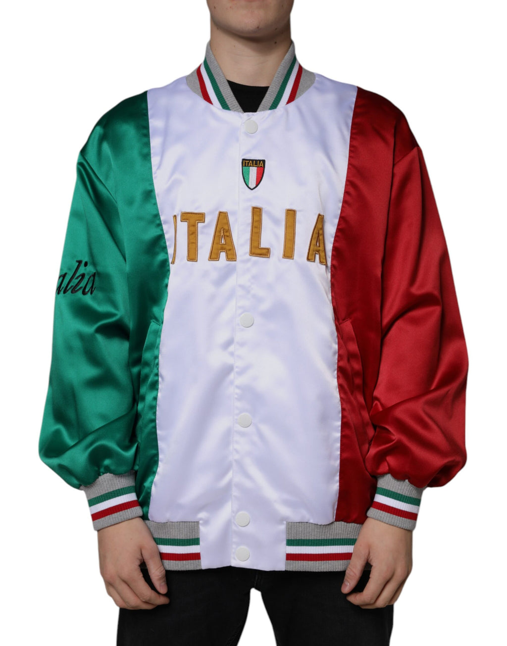 Veste bomber Dolce & Gabbana à boutons multicolores avec motif Italie, style décontracté et tendance, vue de face.
