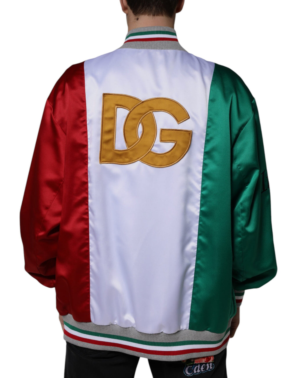 Veste bomber Dolce & Gabbana à boutons multicolores, motif Italie, style décontracté et tendance.