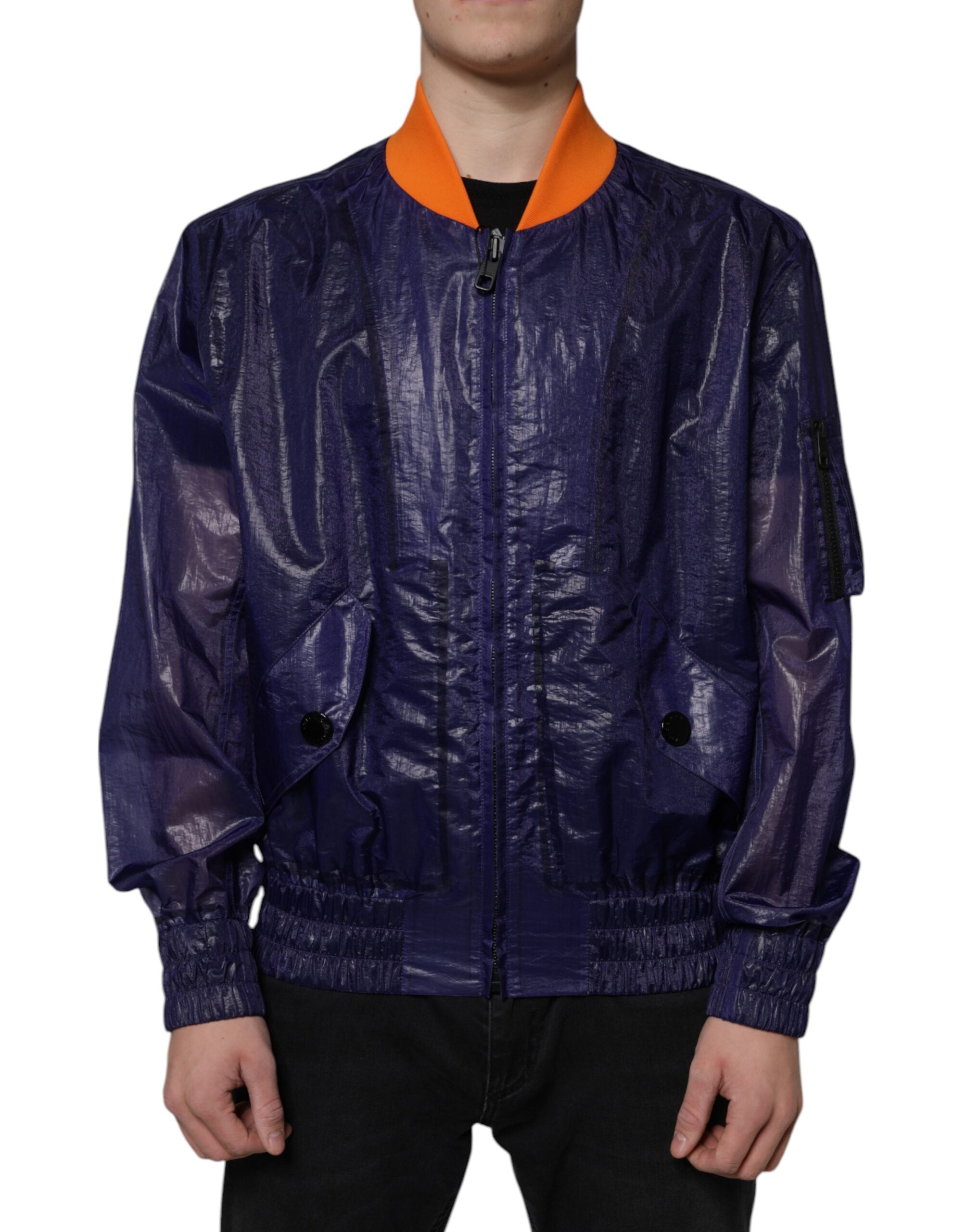 Veste bomber Dolce & Gabbana en coton bleu stretch avec fermeture éclair complète, mode élégante et décontractée.