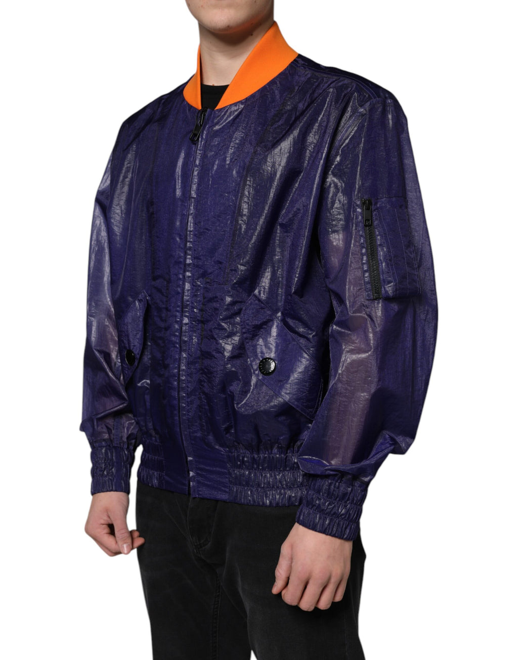 Veste bomber Dolce & Gabbana en coton stretch bleu, à fermeture éclair complète, style décontracté et élégant.