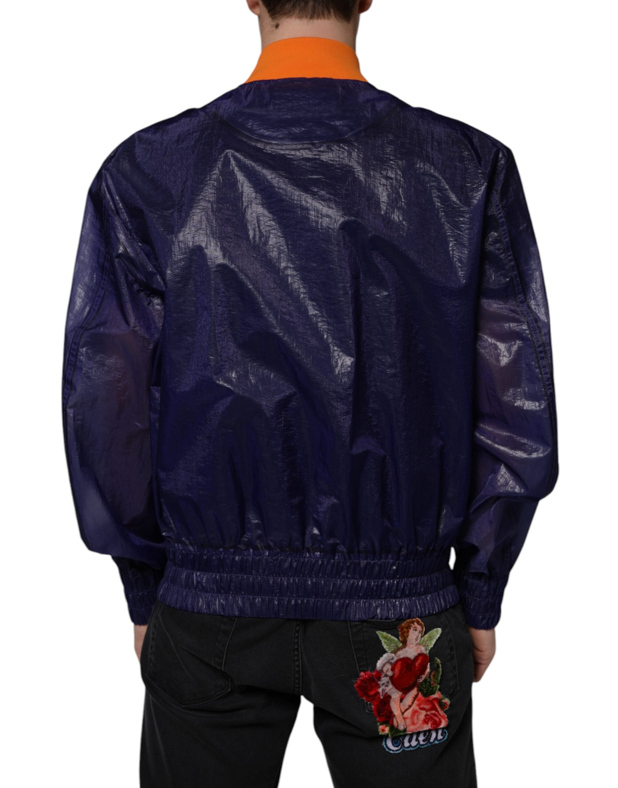 Veste bomber en coton stretch bleu Dolce & Gabbana avec fermeture éclair complète, moderne et élégante.