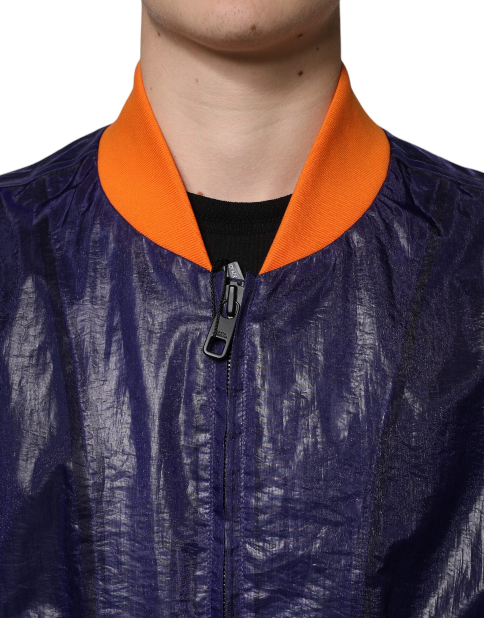Veste bomber en coton stretch bleu de Dolce & Gabbana avec fermeture éclair complète, style élégant et moderne.