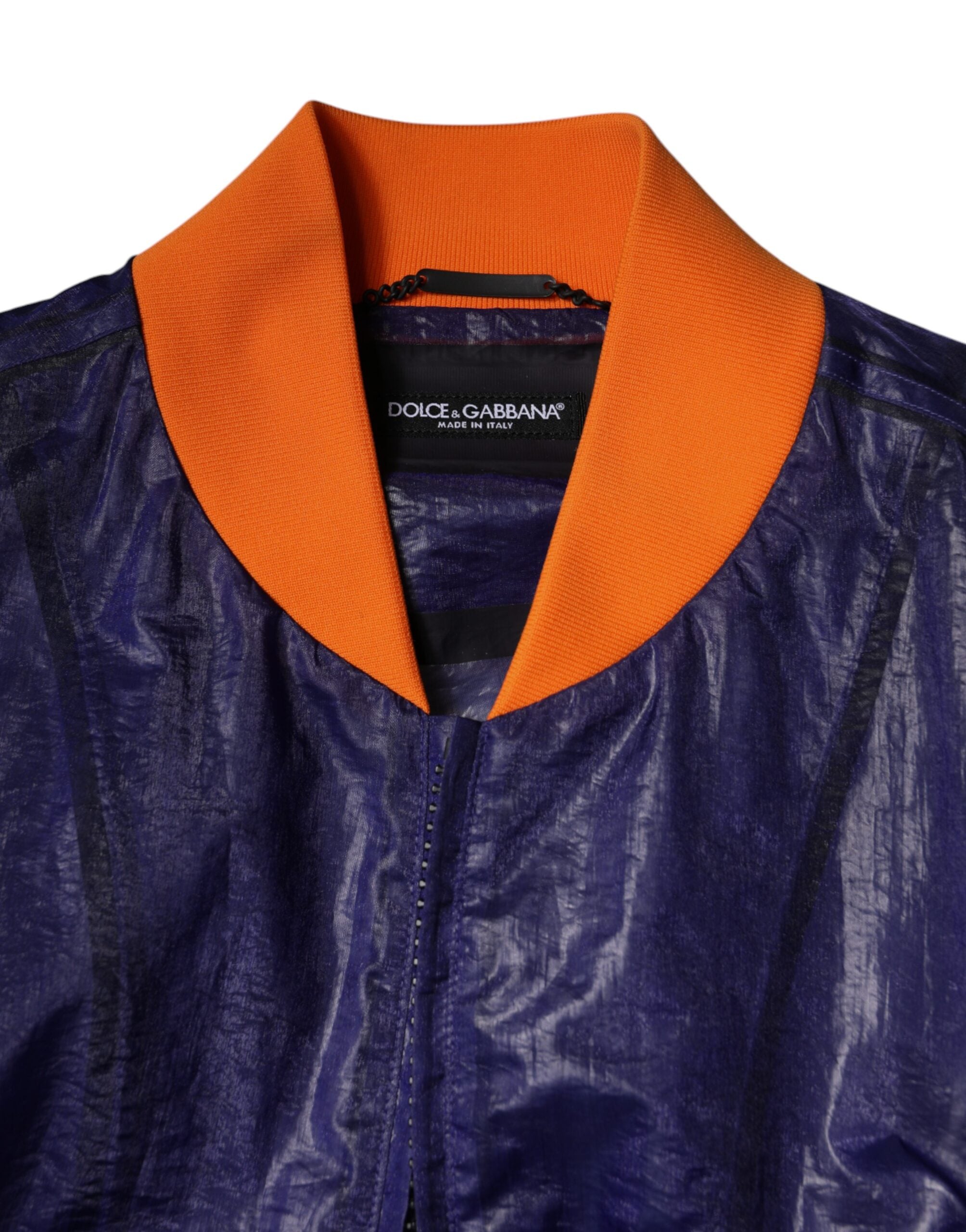 Veste bomber Dolce & Gabbana en coton bleu avec fermeture éclair intégrale, coupe ajustée et détails modernes.