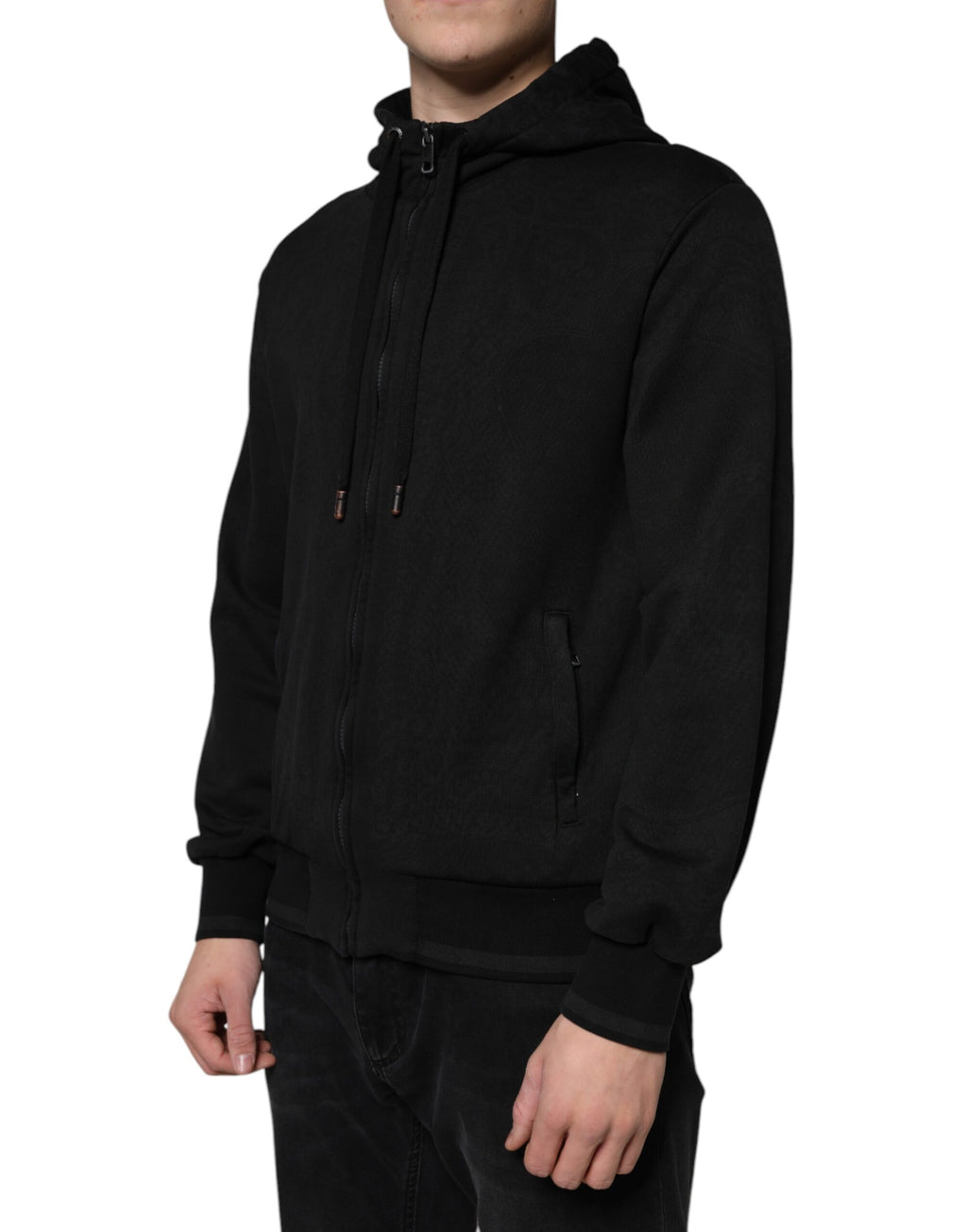 Veste bomber noire en coton Dolce & Gabbana avec capuche à fermeture éclair complète, style décontracté et moderne.