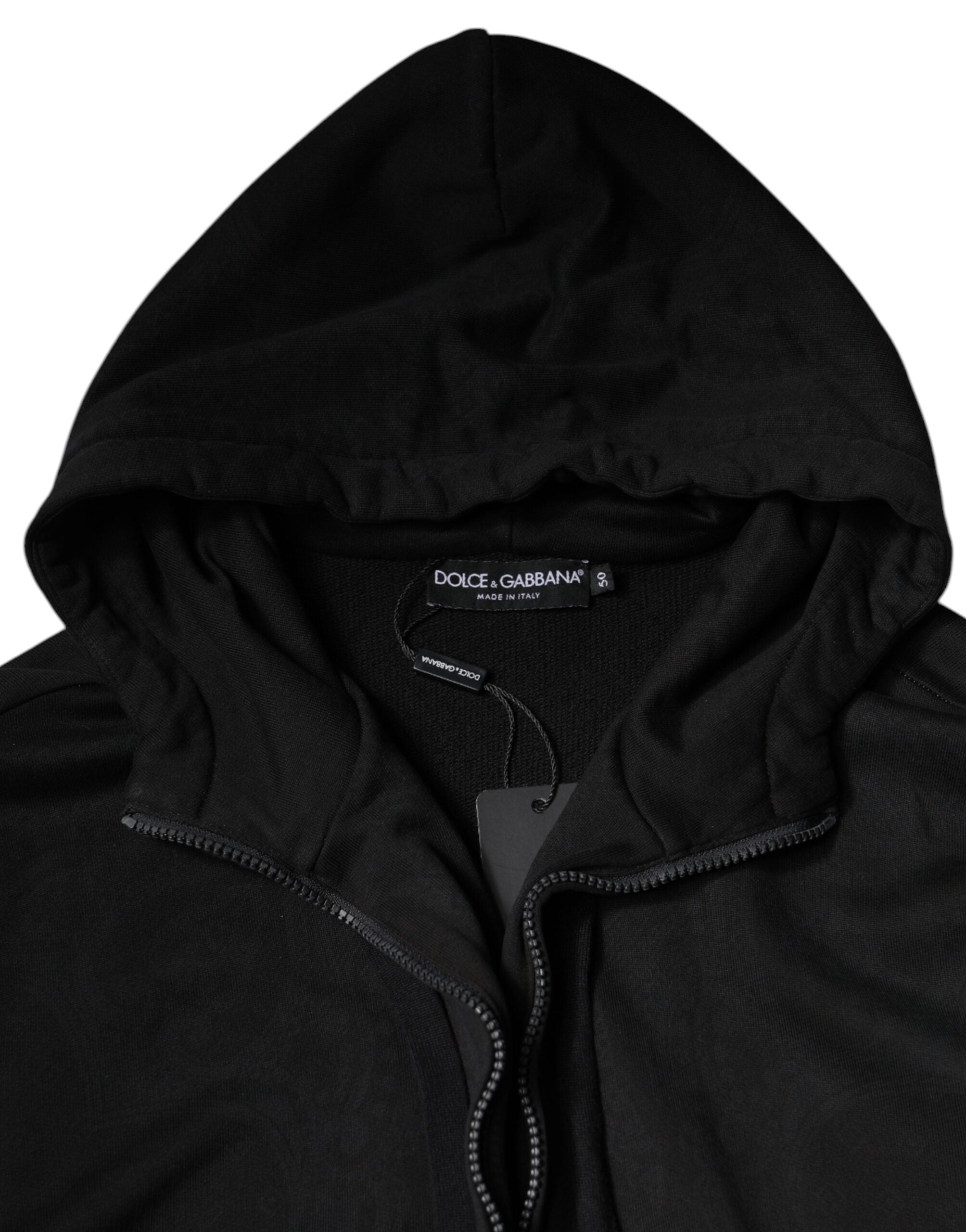 Veste bomber noire en coton avec capuche à fermeture éclair complète, design élégant de Dolce & Gabbana.