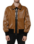 Veste bomber pour homme en cuir marron de Dolce & Gabbana avec fermeture éclair complète, style élégant et moderne.