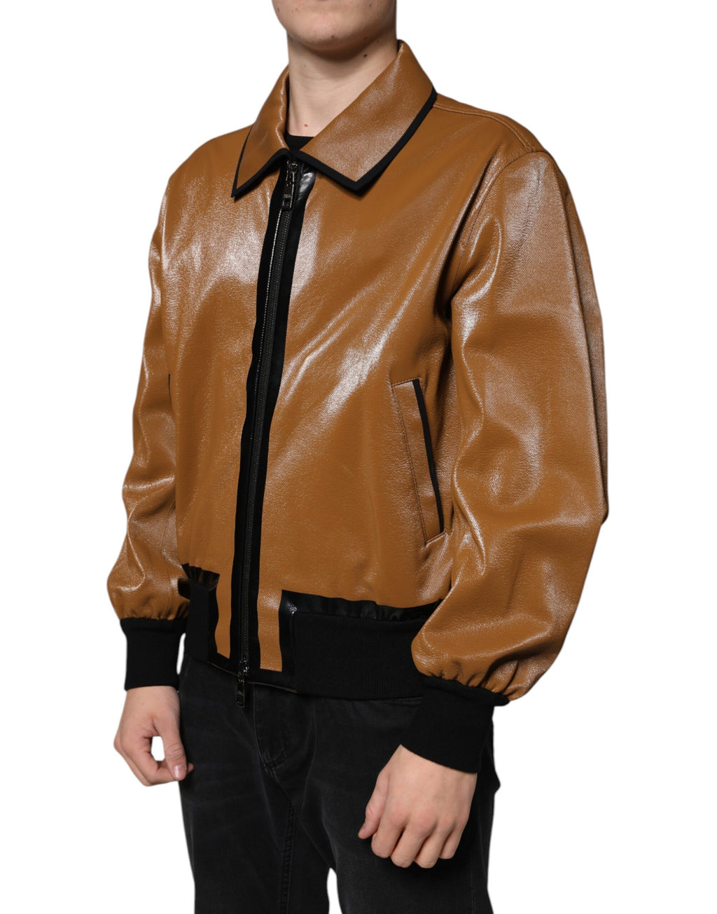 Veste bomber pour homme Dolce & Gabbana en cuir marron avec fermeture éclair complète et col côtelé.