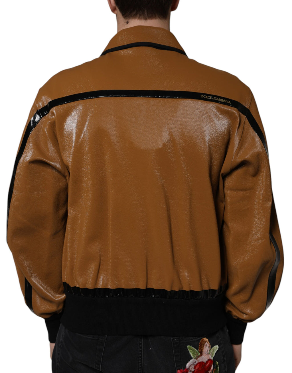 Veste bomber homme en cuir brun Dolce & Gabbana avec fermeture éclair complète, style élégant et moderne.