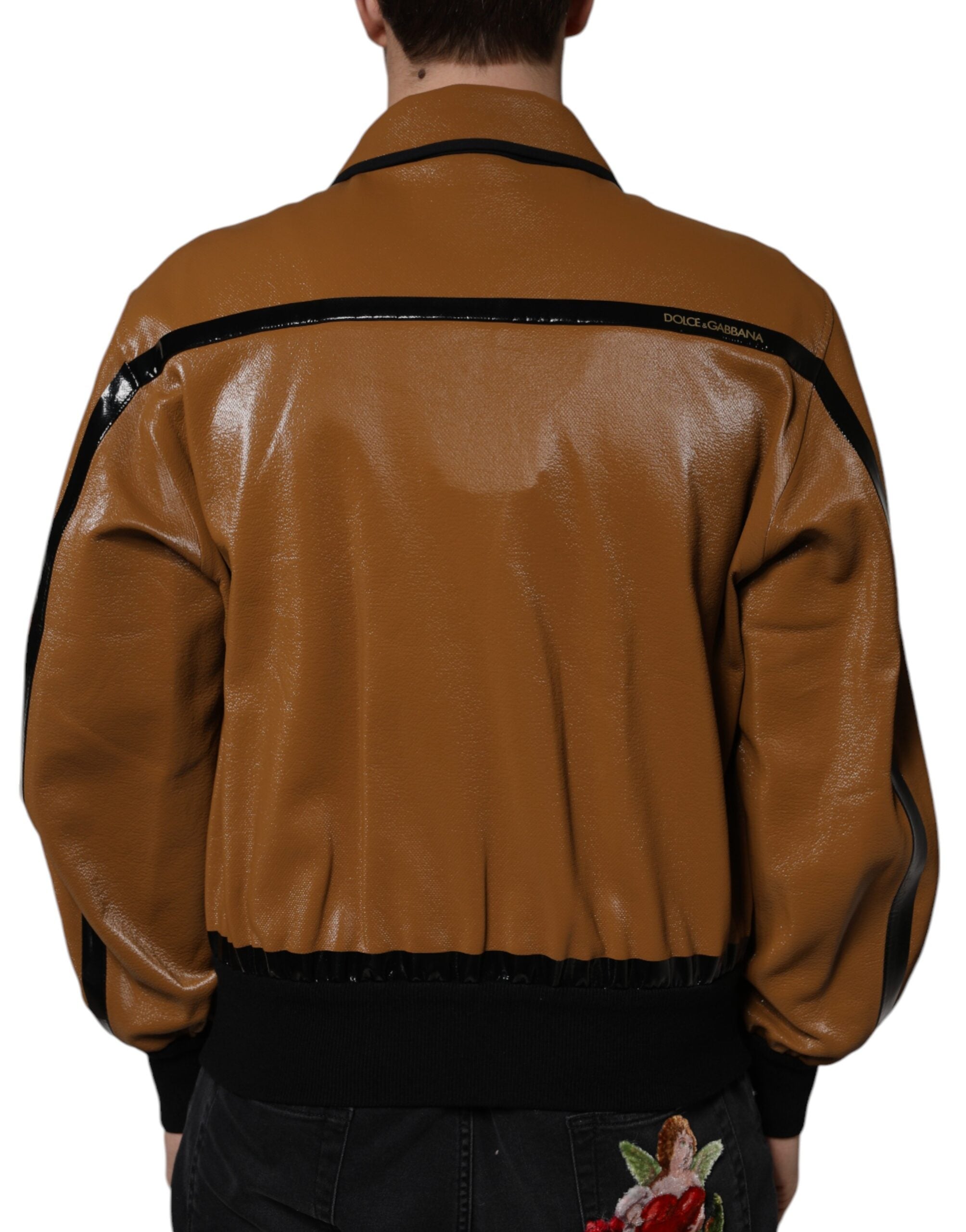 Veste bomber homme en cuir brun Dolce & Gabbana avec fermeture éclair complète, style élégant et moderne.