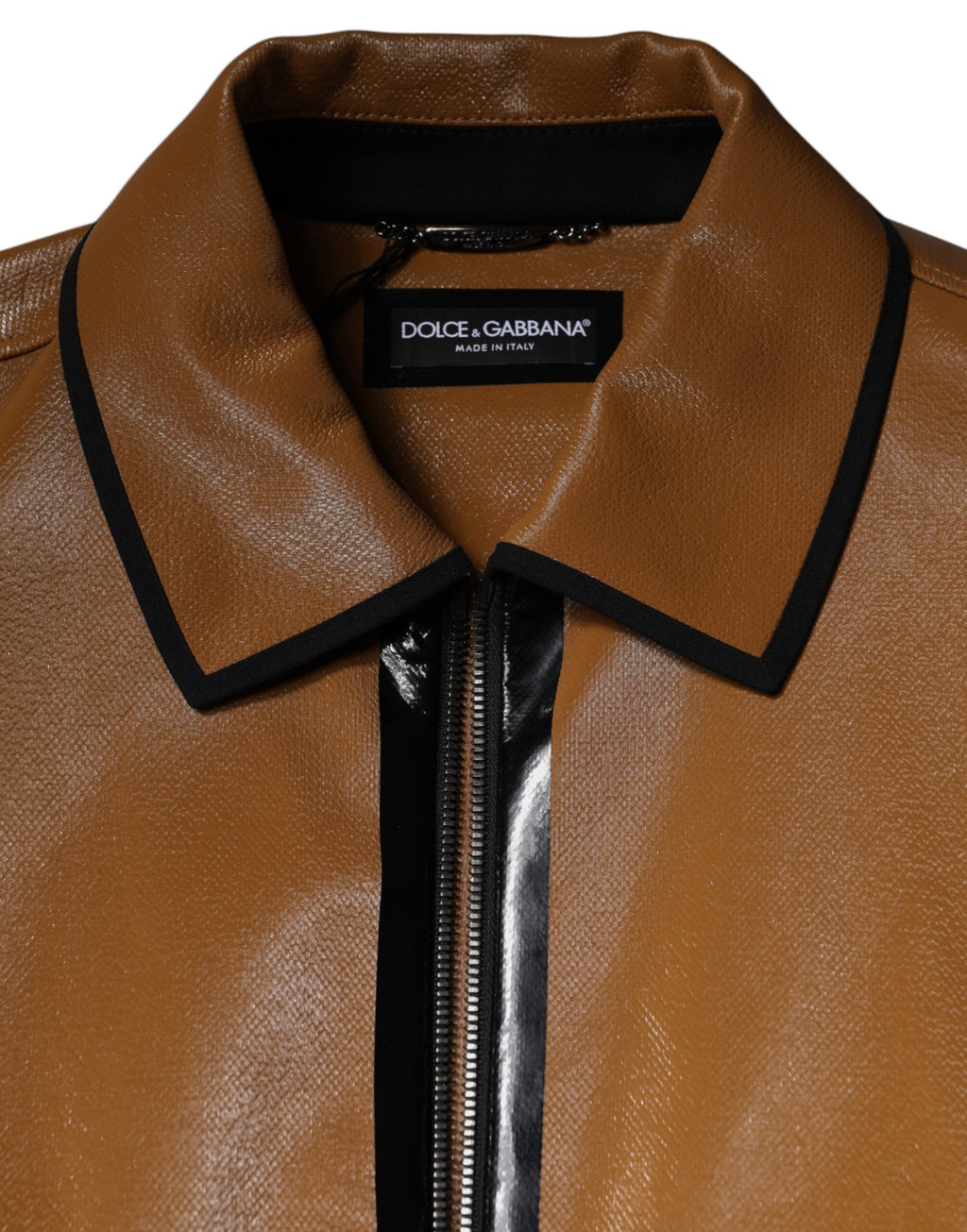 Veste bomber homme en cuir marron de Dolce & Gabbana avec fermeture éclair complète, style élégant et moderne.