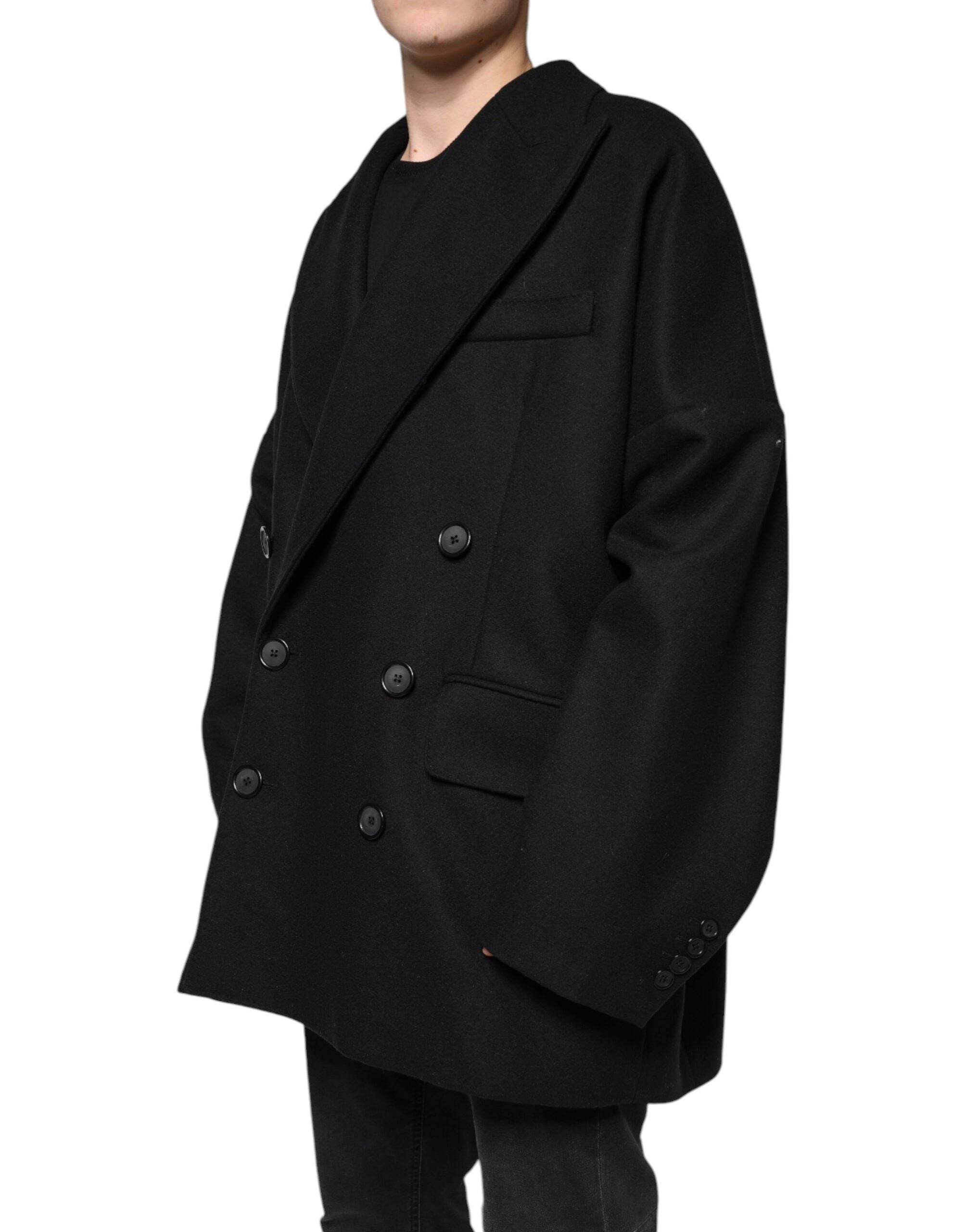 Manteau pour homme en laine noire Dolce & Gabbana, double-breasted avec col, veste élégante et classique.