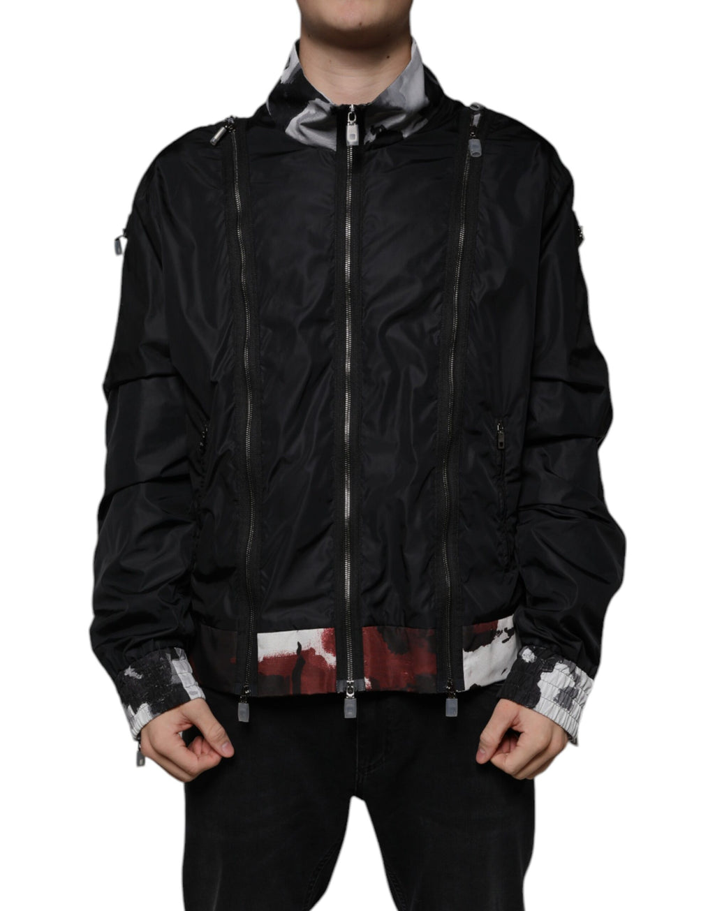 Veste bomber noire en nylon pour homme de Dolce & Gabbana avec fermeture éclair complète, style élégant et moderne.