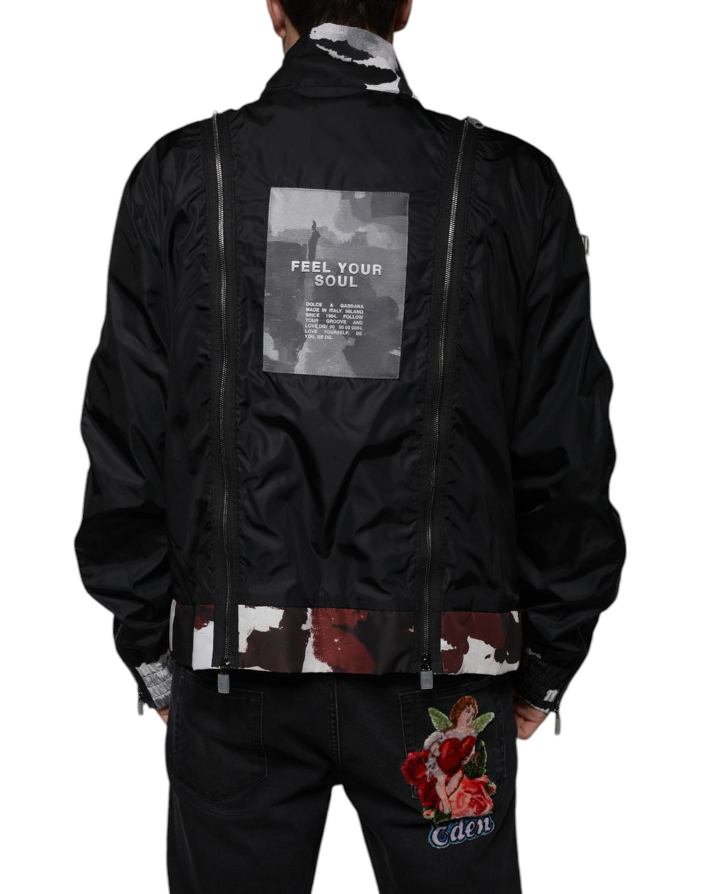 Veste bomber homme en nylon noir Dolce & Gabbana avec fermeture éclair complète et col montant, style décontracté.