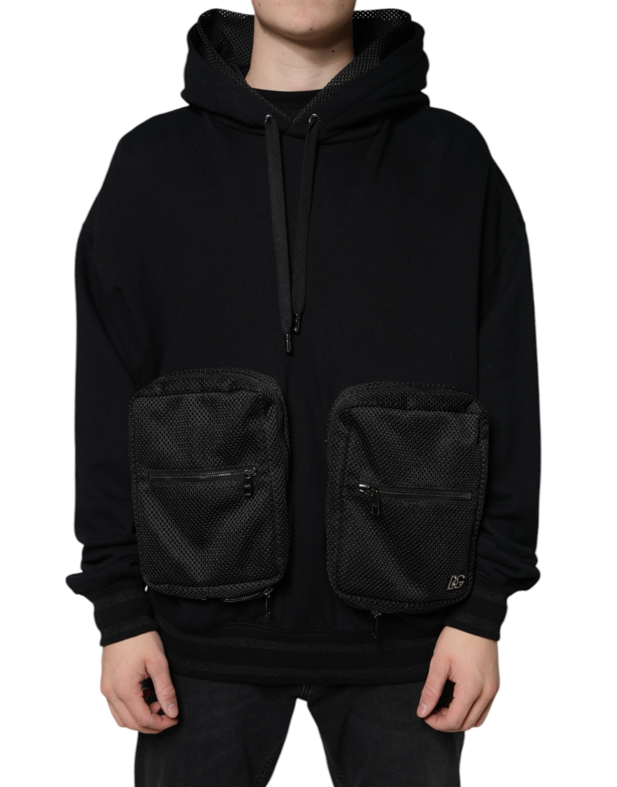 Sweatshirt à capuche noire Dolce & Gabbana pour homme, pull en molleton avec logo discret, mode élégante et décontractée.