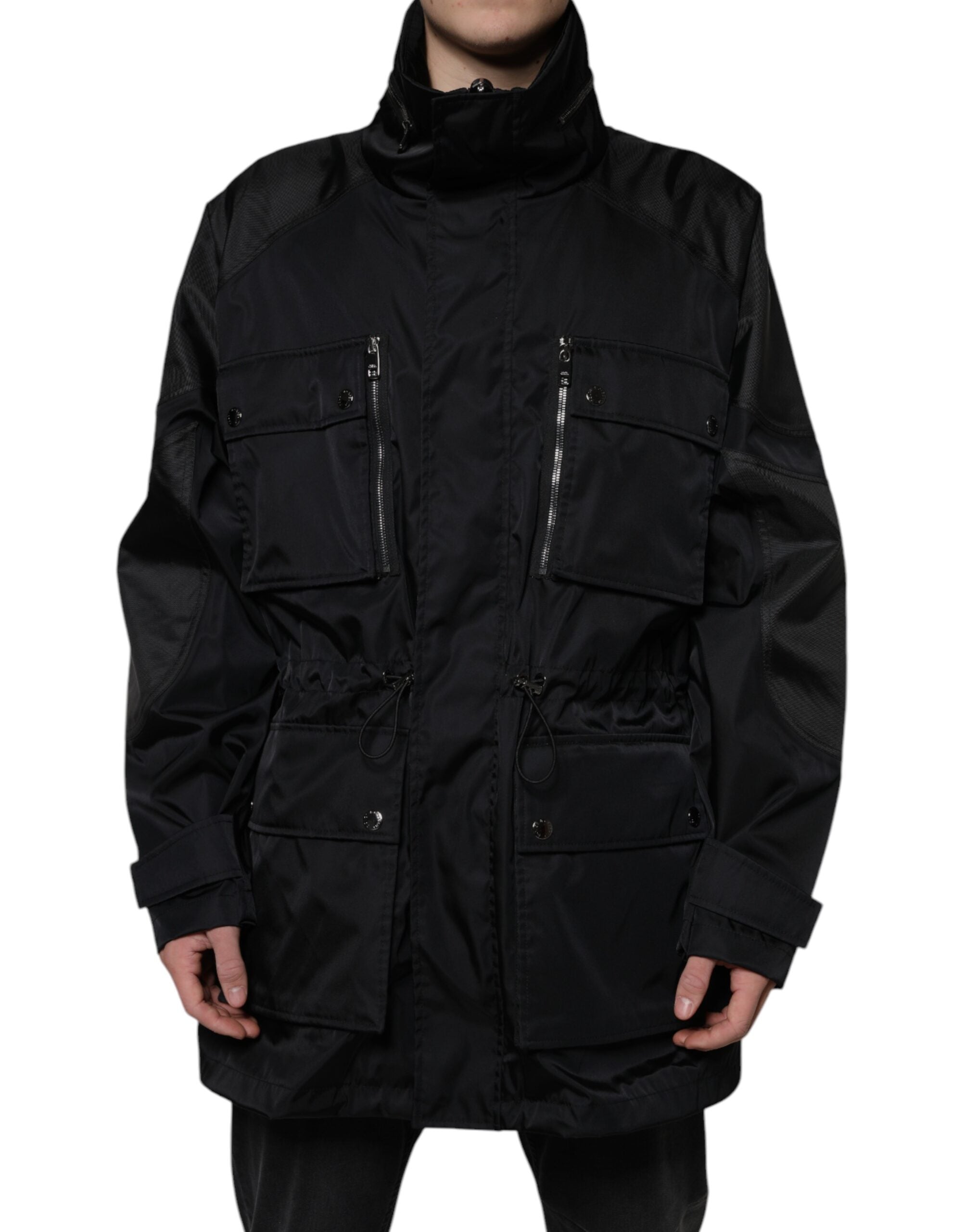 Manteau d'hiver noir en nylon de la marque Dolce & Gabbana pour homme, parka avec capuche et fermetures zippées.