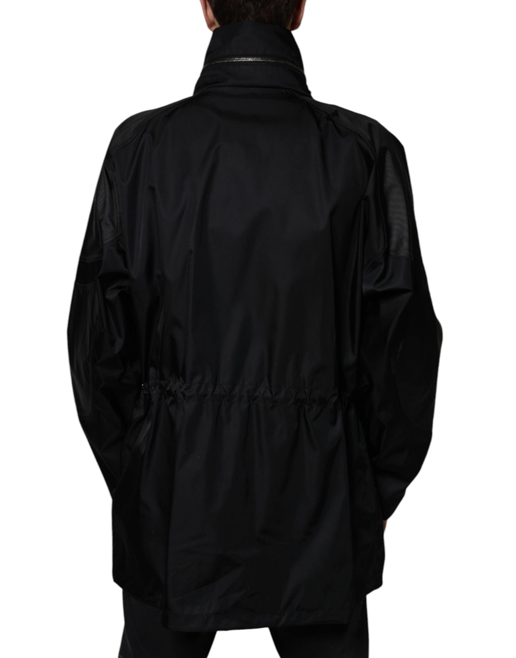 Parka homme noir en nylon Dolce & Gabbana, veste d'hiver avec capuche et fermeture zippée, style chaud et élégant.