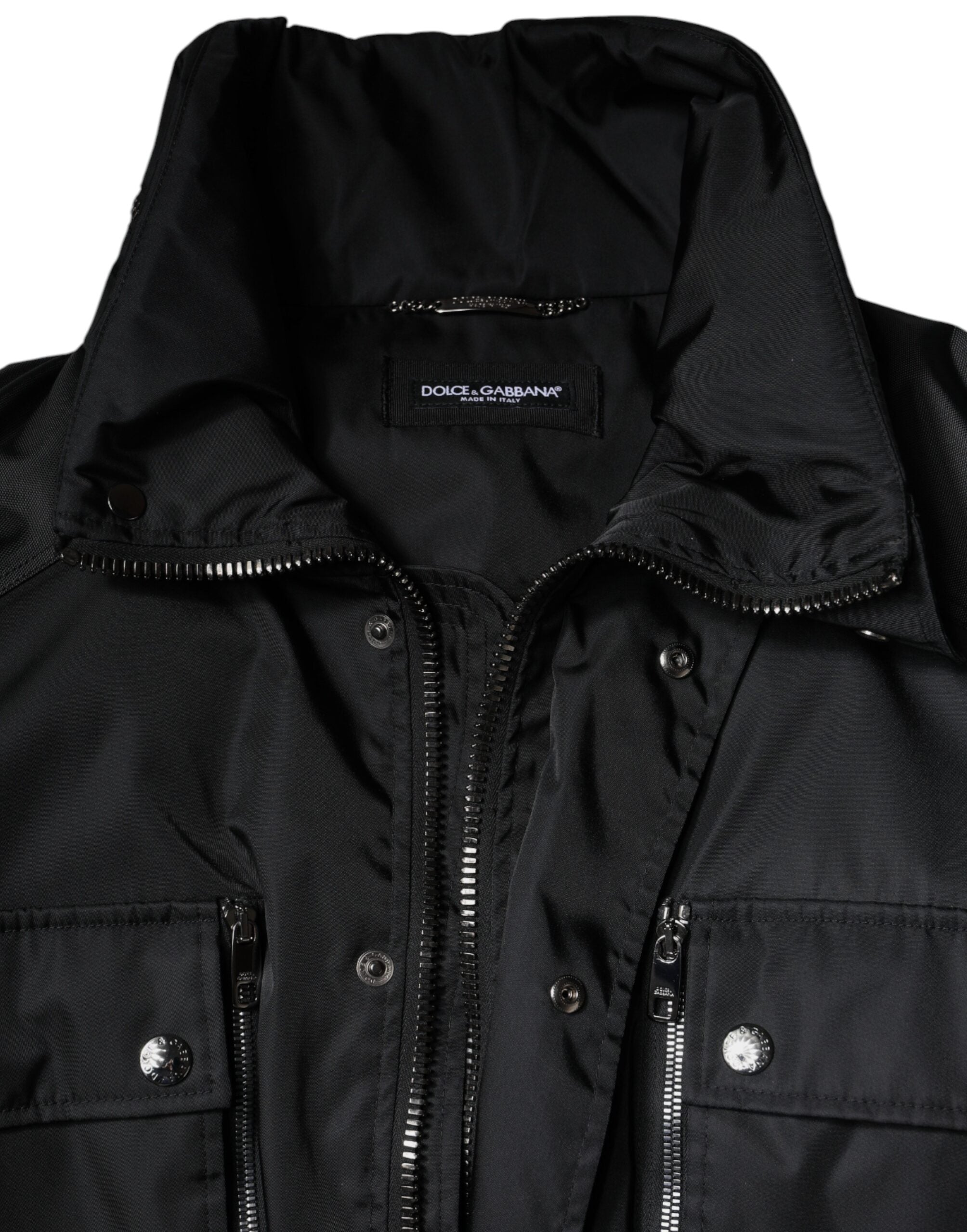 Manteau d'hiver noir en nylon Dolce & Gabbana pour homme, parka chaud avec capuche et fermeture éclair.