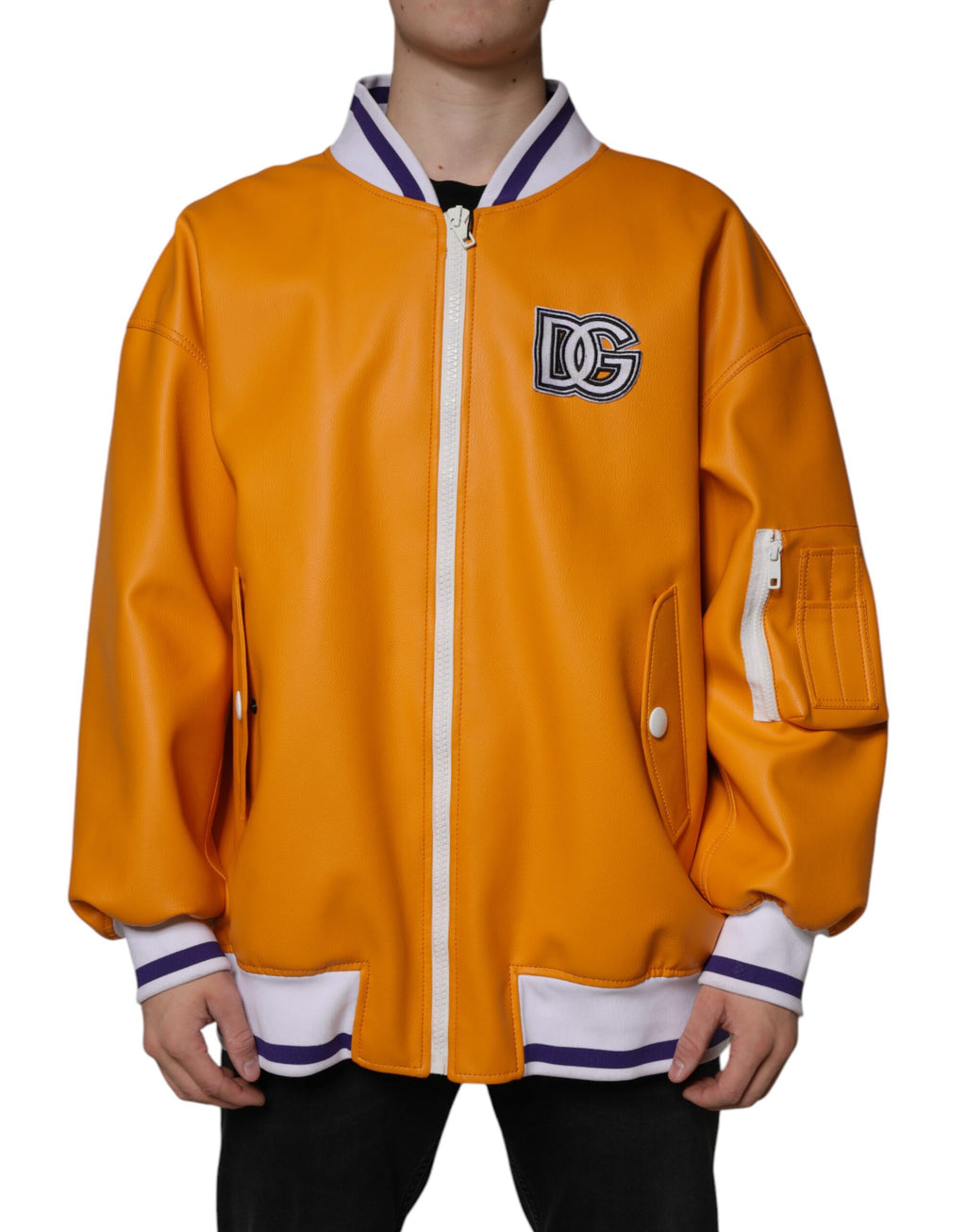 Veste bomber en jersey orange et blanc Dolce & Gabbana avec fermeture éclair complète, style élégant et décontracté.