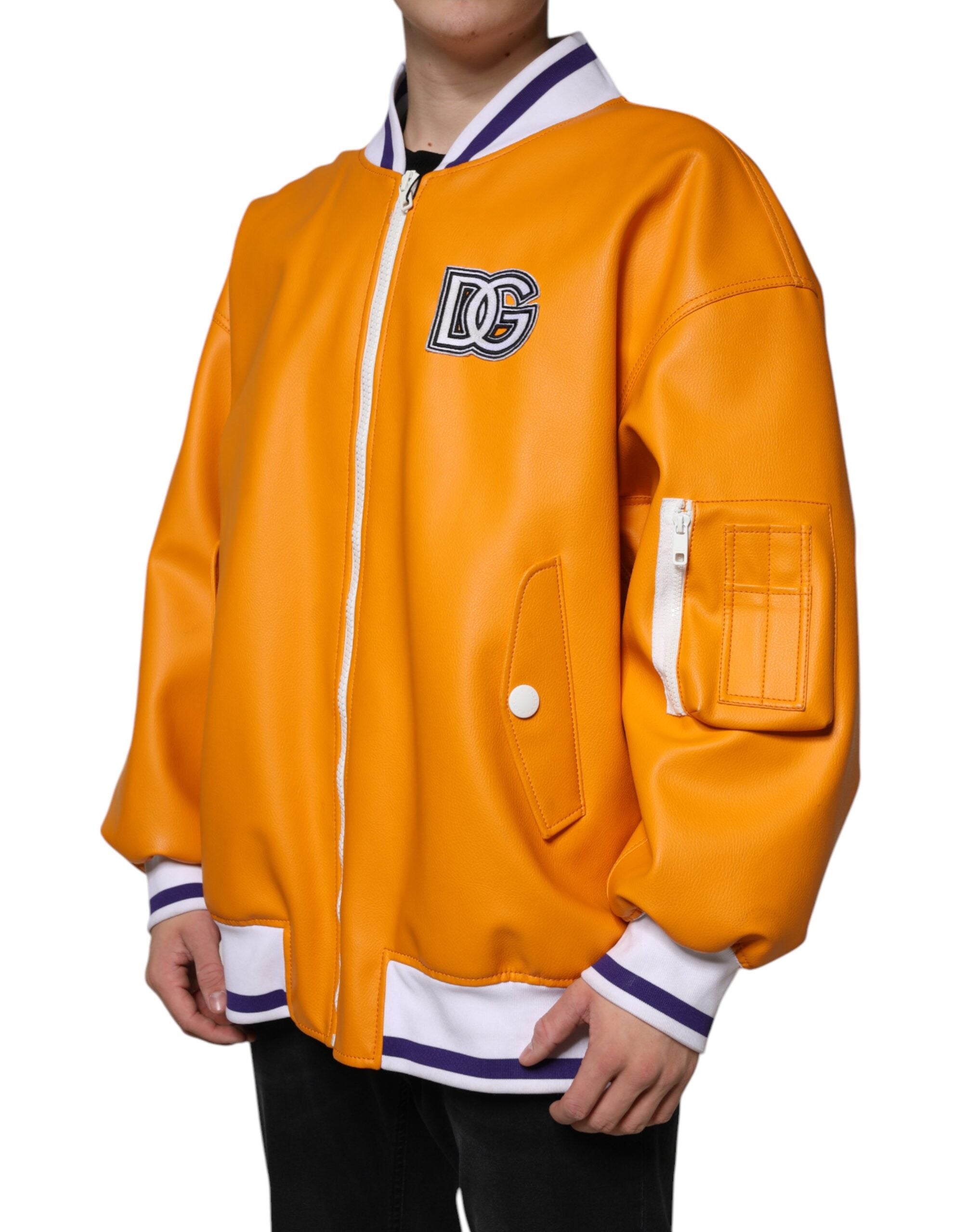 Veste bomber en jersey orange et blanc de Dolce & Gabbana avec fermeture éclair complète, style élégant et moderne.