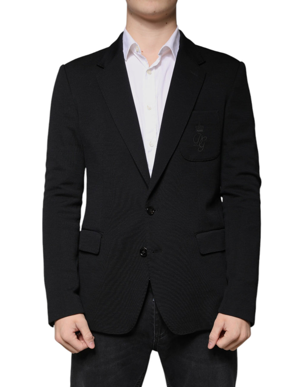 Blazer formel en laine noire Dolce & Gabbana à simple boutonnage, élégant et sophistiqué pour occasions habillées.