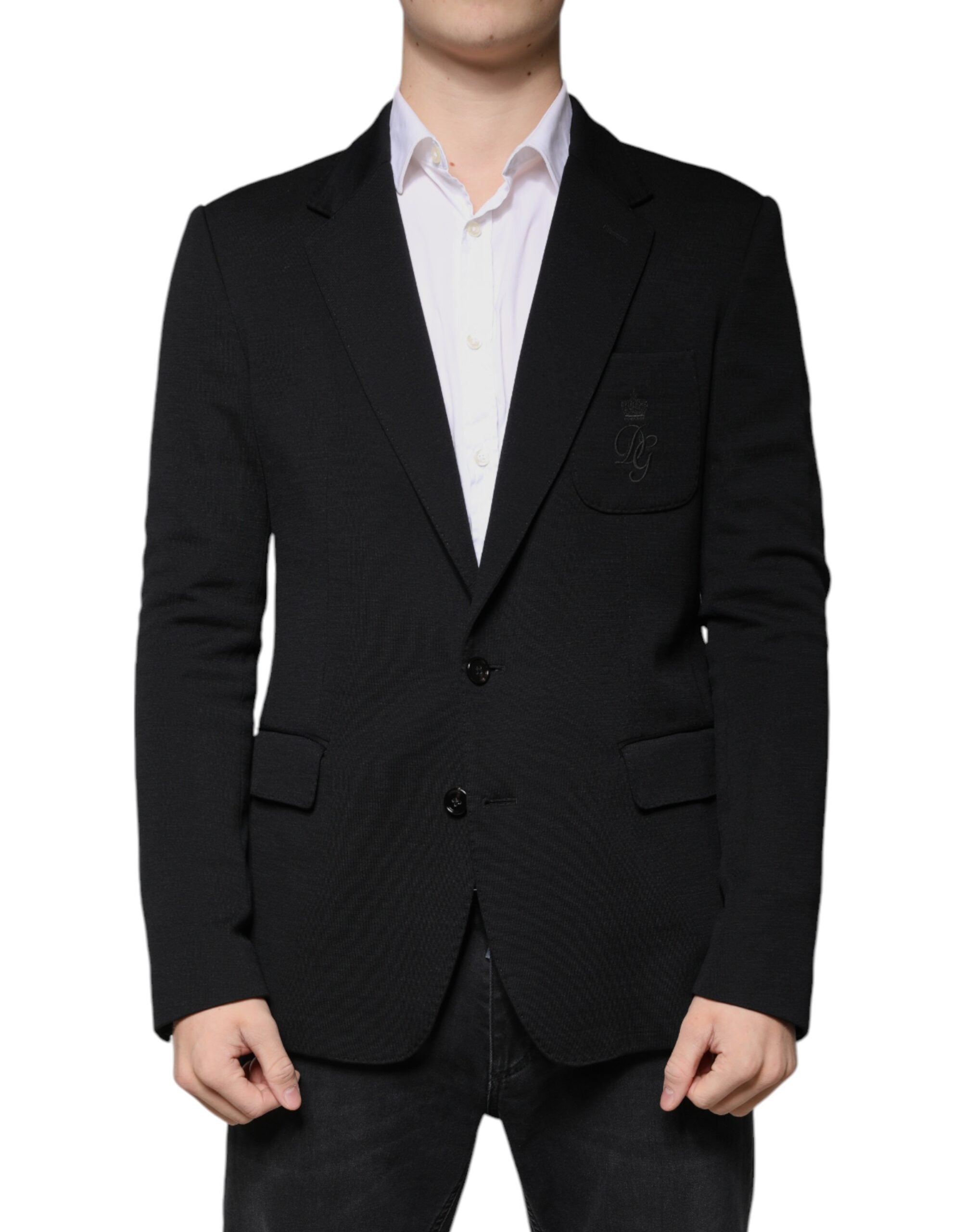 Blazer noir en laine Dolce & Gabbana, coupe cintrée, à un bouton, pour homme, élégance formelle.
