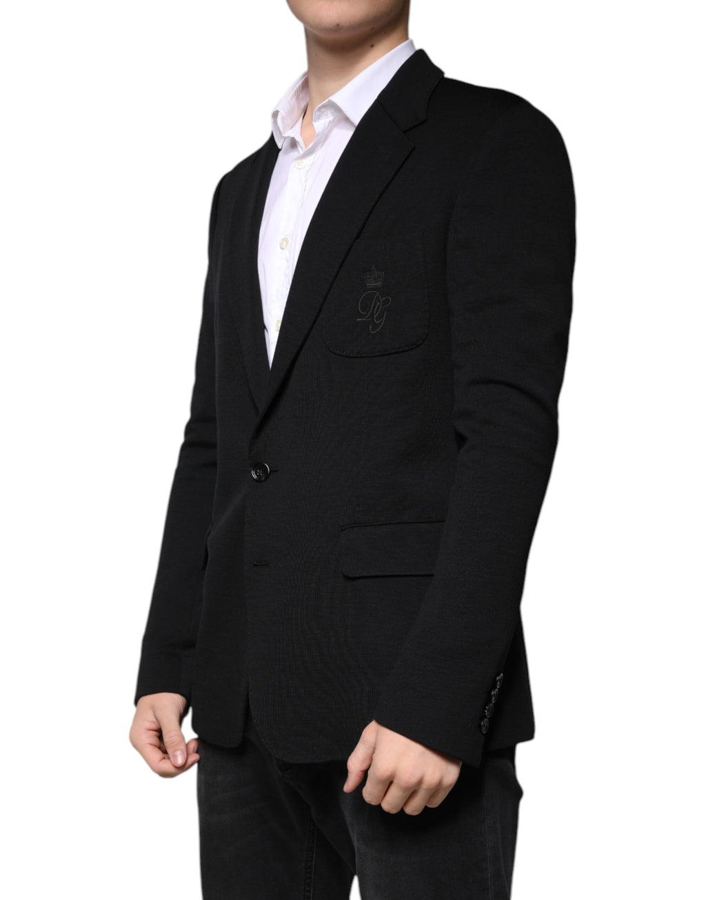 Costume noir en laine Dolce & Gabbana, blazer formel à un bouton, coupe élégante et sophistiquée pour homme.