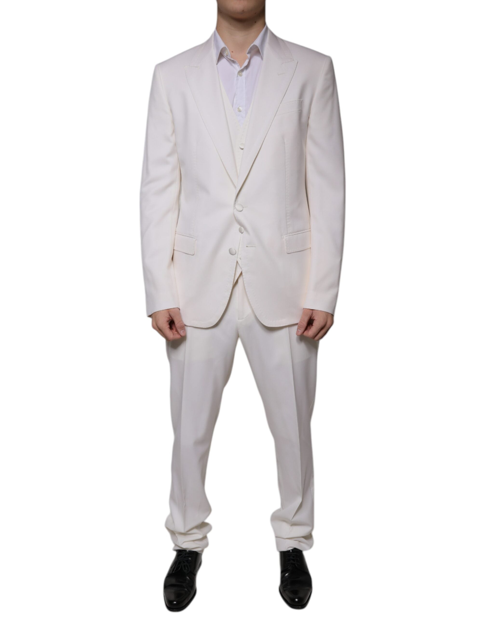 Costume formel blanc en laine et soie Dolce & Gabbana, costume slim fit à trois pièces, veste, pantalon et gilet élégants.