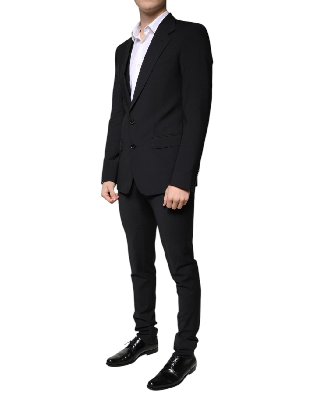 Costume trois pièces en laine noire Dolce & Gabbana pour homme, costume formel ajusté et élégant.