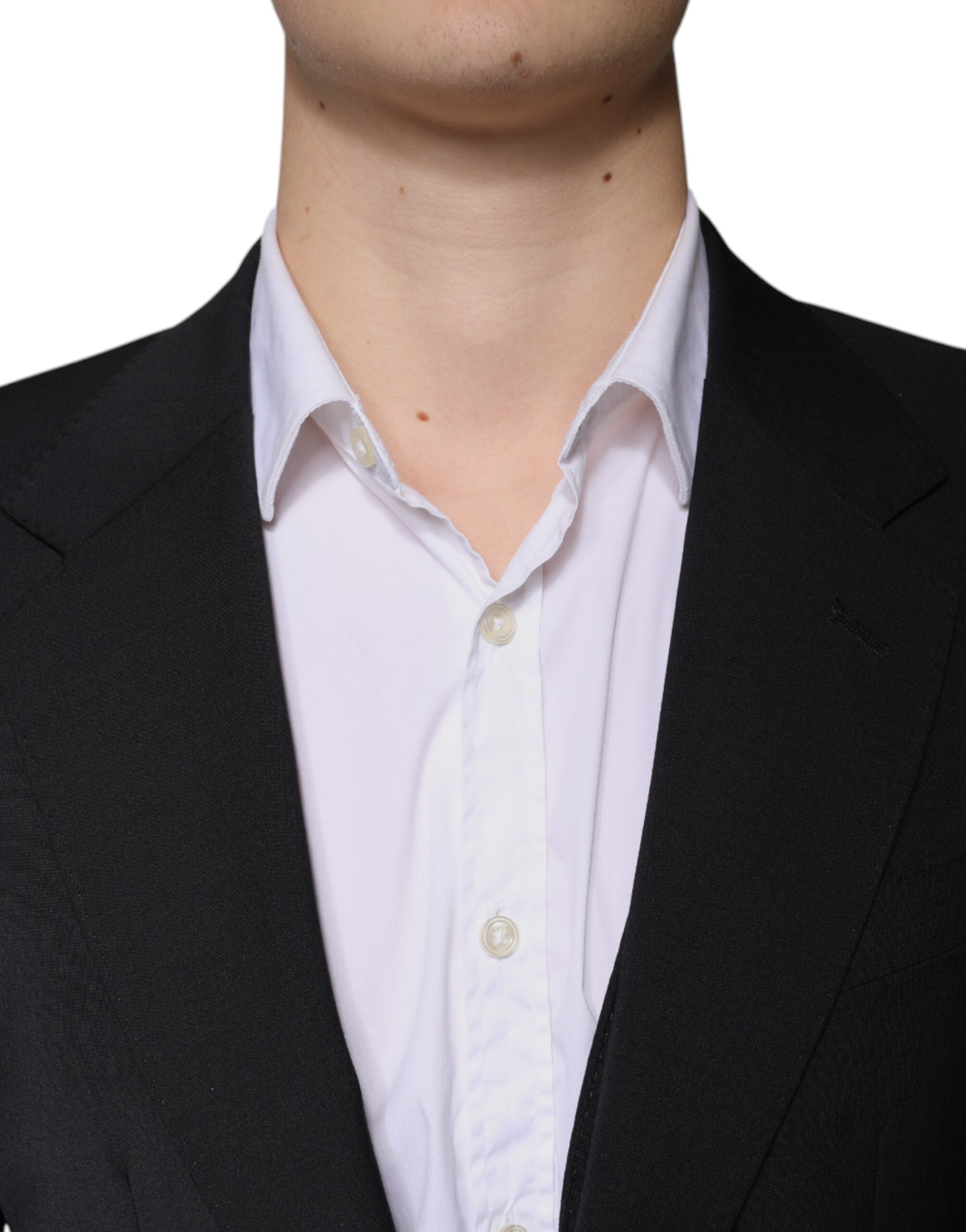 Costume homme noir en laine Dolce & Gabbana, costume trois pièces slim fit formel avec veste, pantalon et gilet élégants.