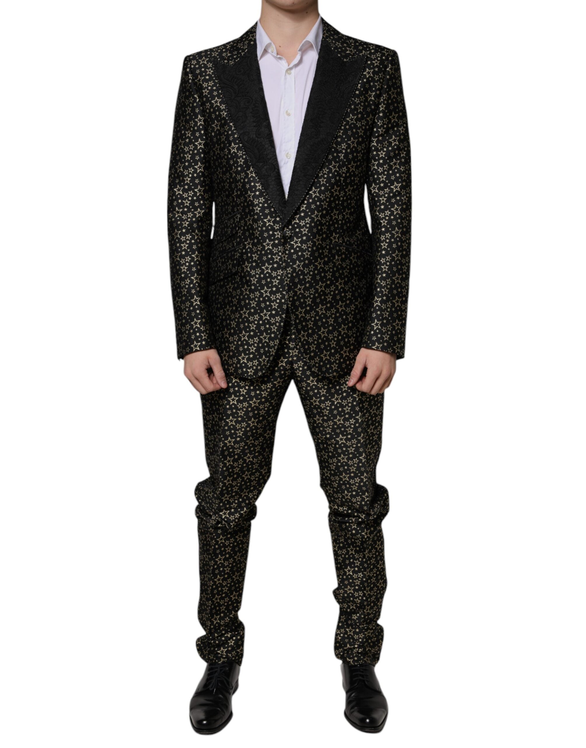 Costume deux pièces en jacquard noir à étoiles Dolce & Gabbana Sicilia, veste et pantalon élégants.