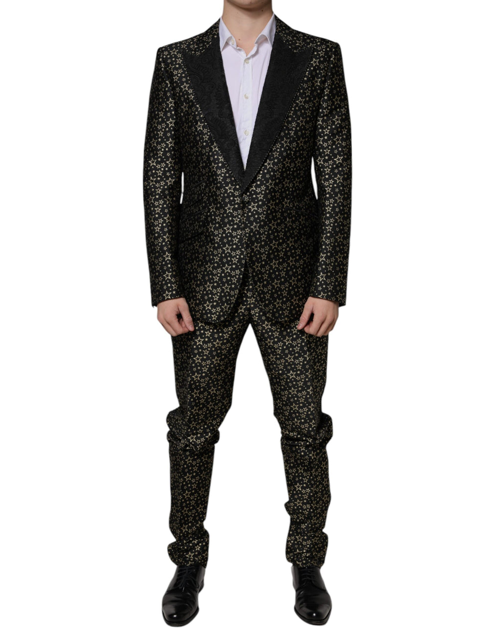 Costume deux pièces Dolce & Gabbana en jacquard noir à motifs étoiles Sicilia, veste et pantalon élégants pour homme.