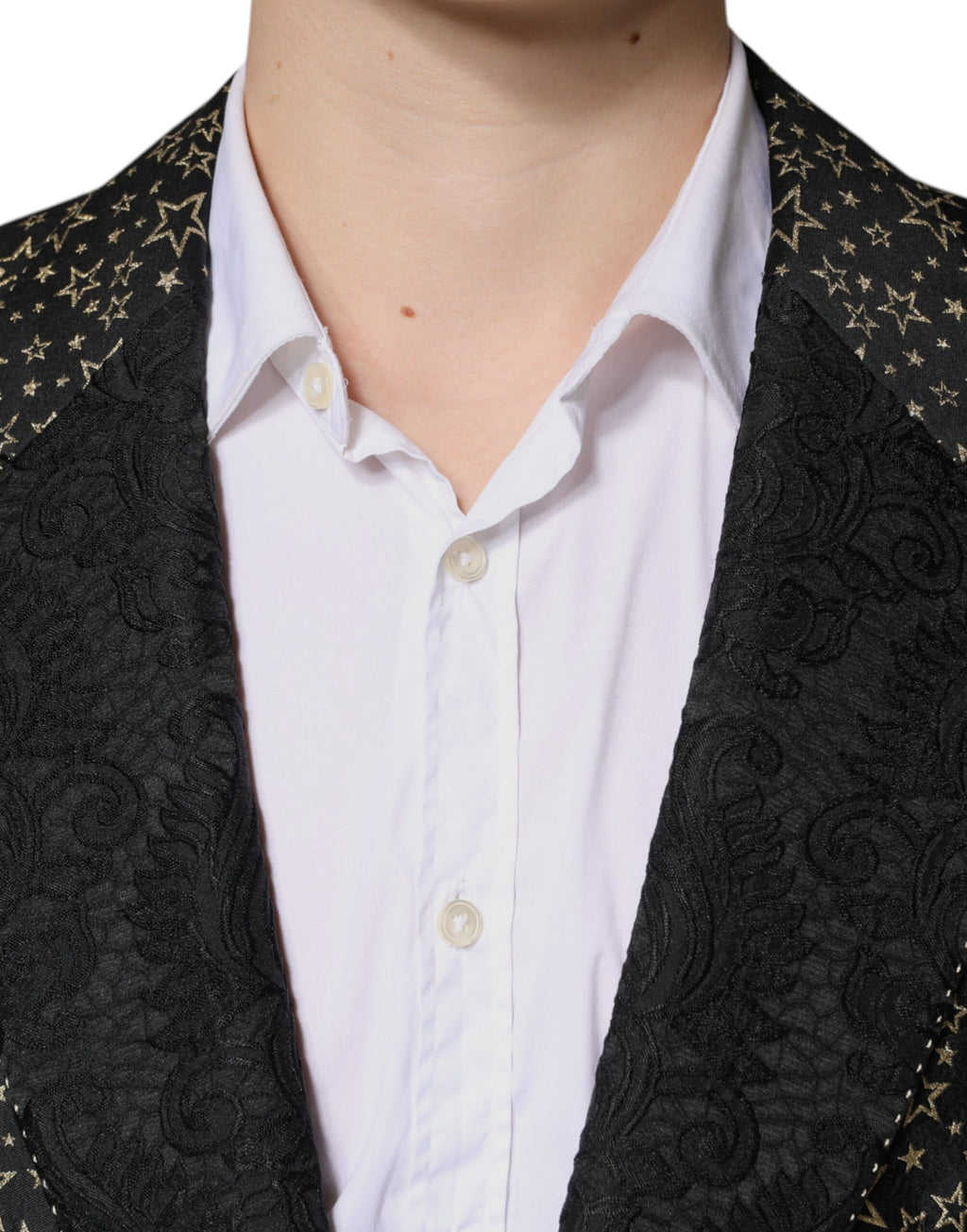 Costume deux pièces Dolce & Gabbana en jacquard noir avec motifs d'étoiles, élégant et sophistiqué, pour homme.