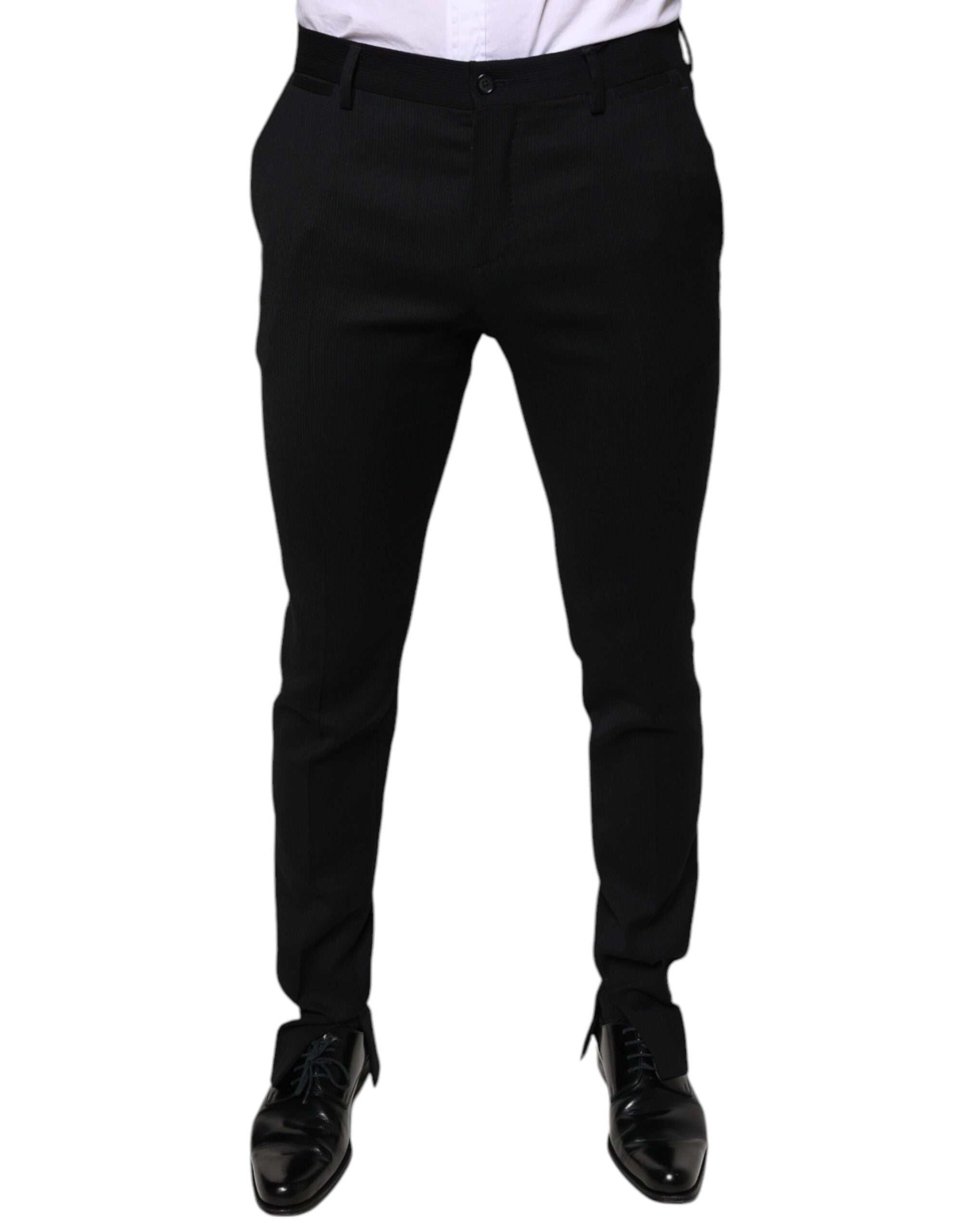 Pantalon de costume fin en laine noire Dolce & Gabbana, coupe skinny, pour homme ou femme, détail élégant et tissu de qualité.