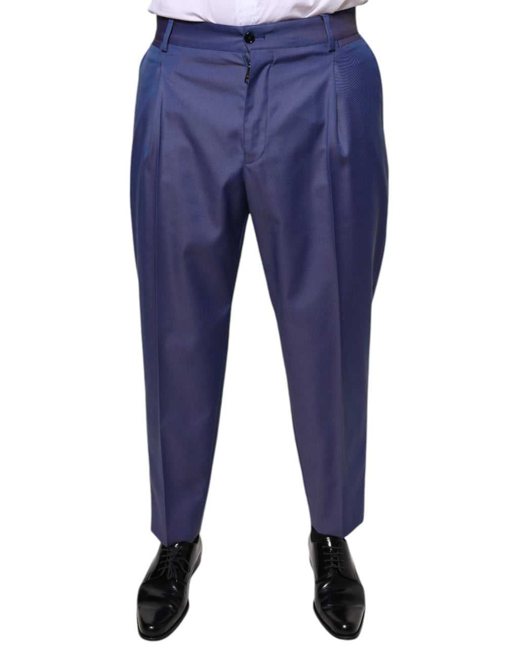 Pantalons de costume formels en laine bleue Dolce & Gabbana, coupe tapered, détails élégants et sophistiqués pour homme.