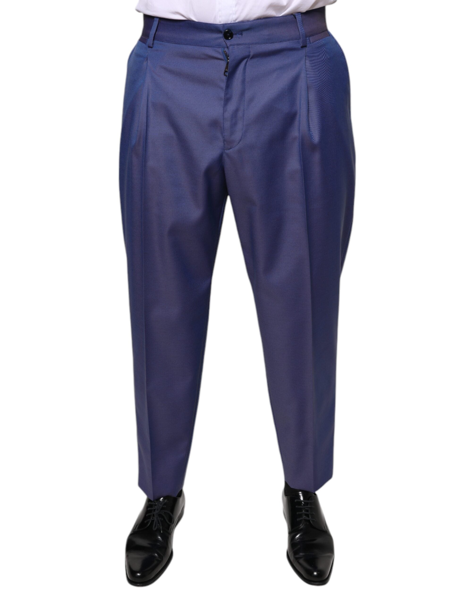 Pantalons de costume formels en laine bleue Dolce & Gabbana, coupe tapered, détails élégants et sophistiqués pour homme.