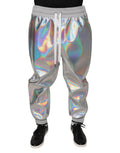 Pantalons de jogging pour hommes Dolce & Gabbana en argent iridescent, vue de face avec détails du tissu brillante.